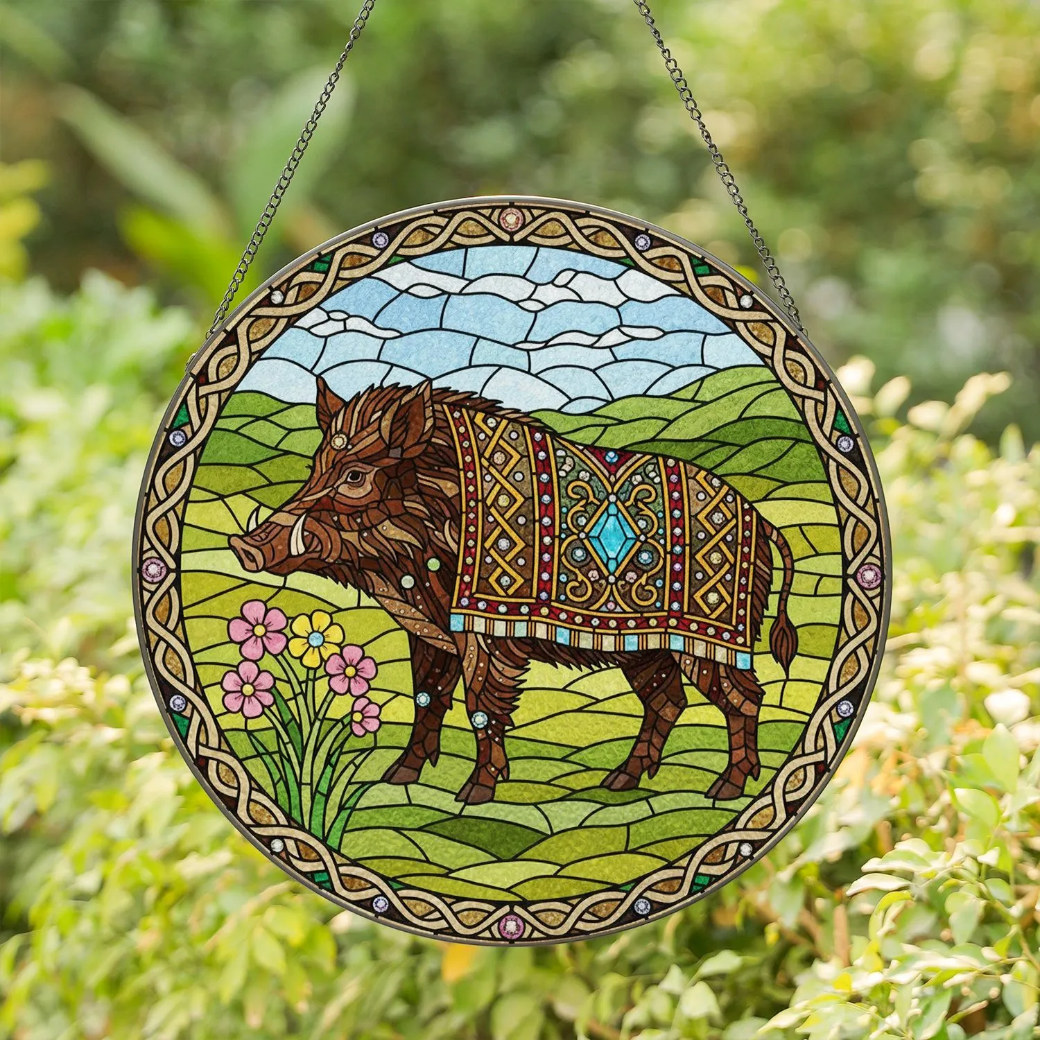 Wild Boar Tusks Celtic Knot Flowers Hills - Home Decor Gift for Wildlife Lover Stained Glass Suncatcher - 1