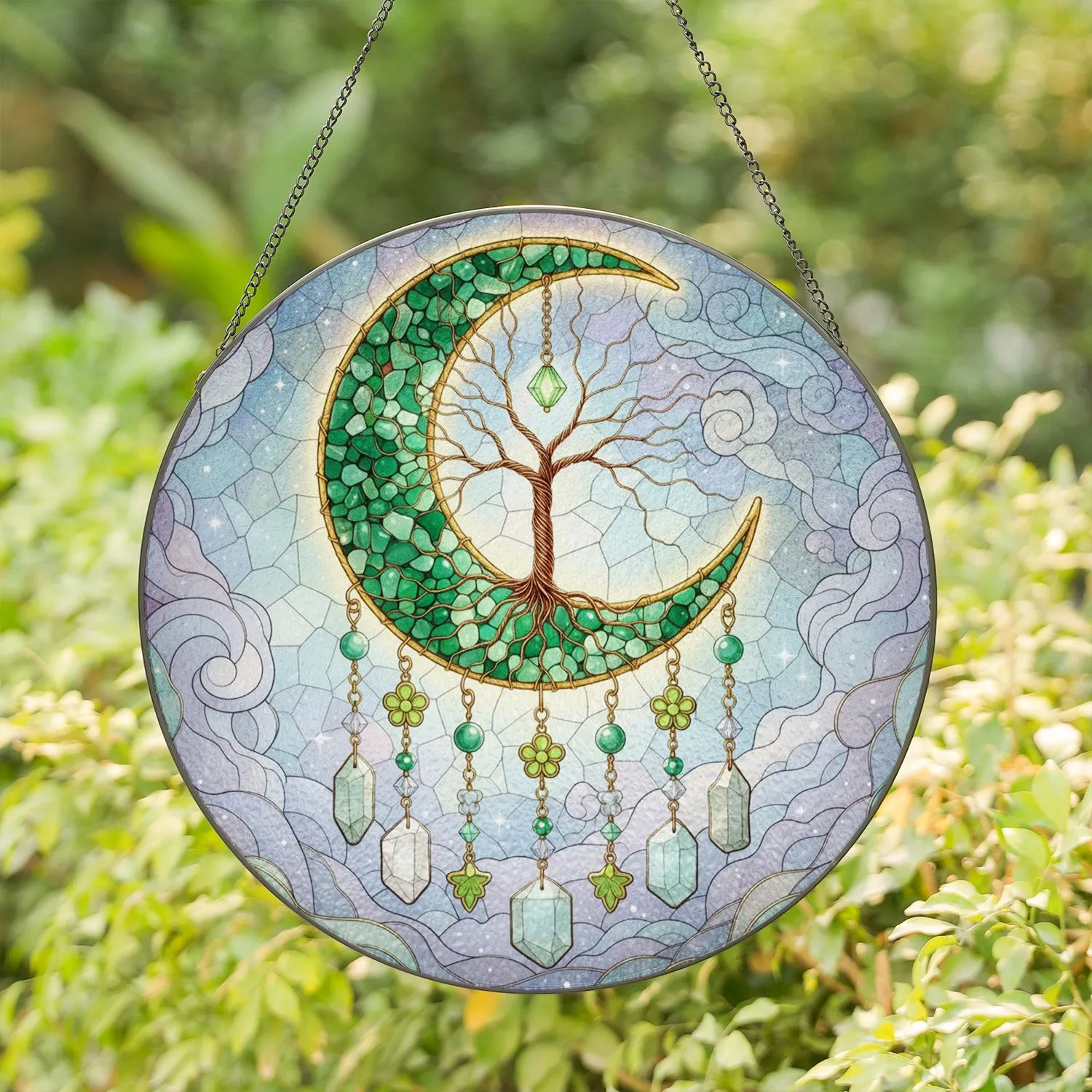 Crescent Moon Tree of Life Jade Aventurine Aquamarine Mosaic - Cosmic Home Decor Gift Stained Glass Suncatcher - 1