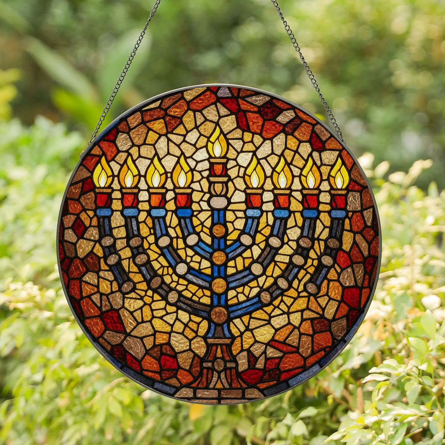 Seven-Branched Menorah with Yellow Flames Tiffany Stained Glass - Home Decor Gift Stained Glass Suncatcher - 1