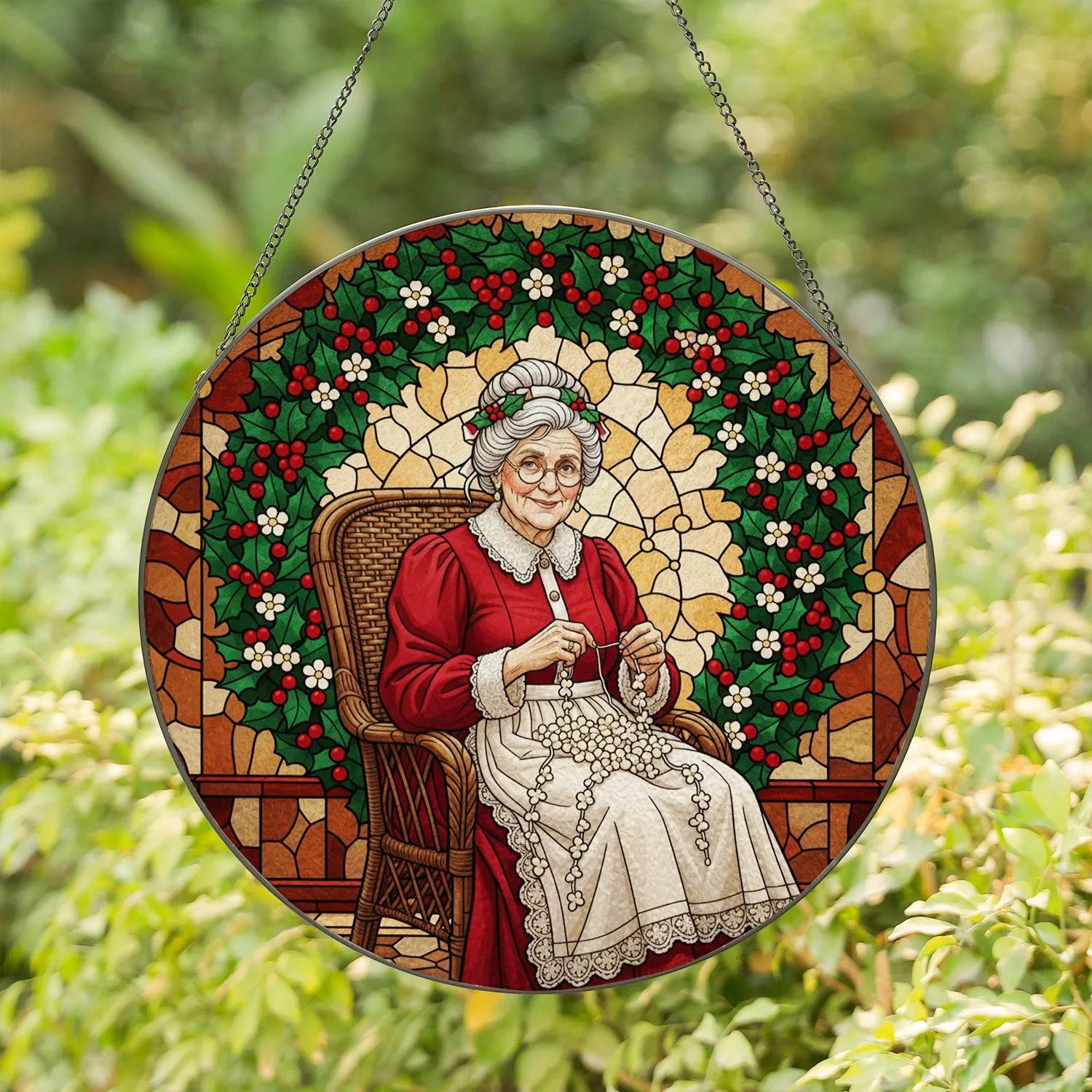 Mrs. Claus Popcorn Garland Christmas Wreath Cozy Interior - Holiday Home Decor Stained Glass Suncatcher - 1