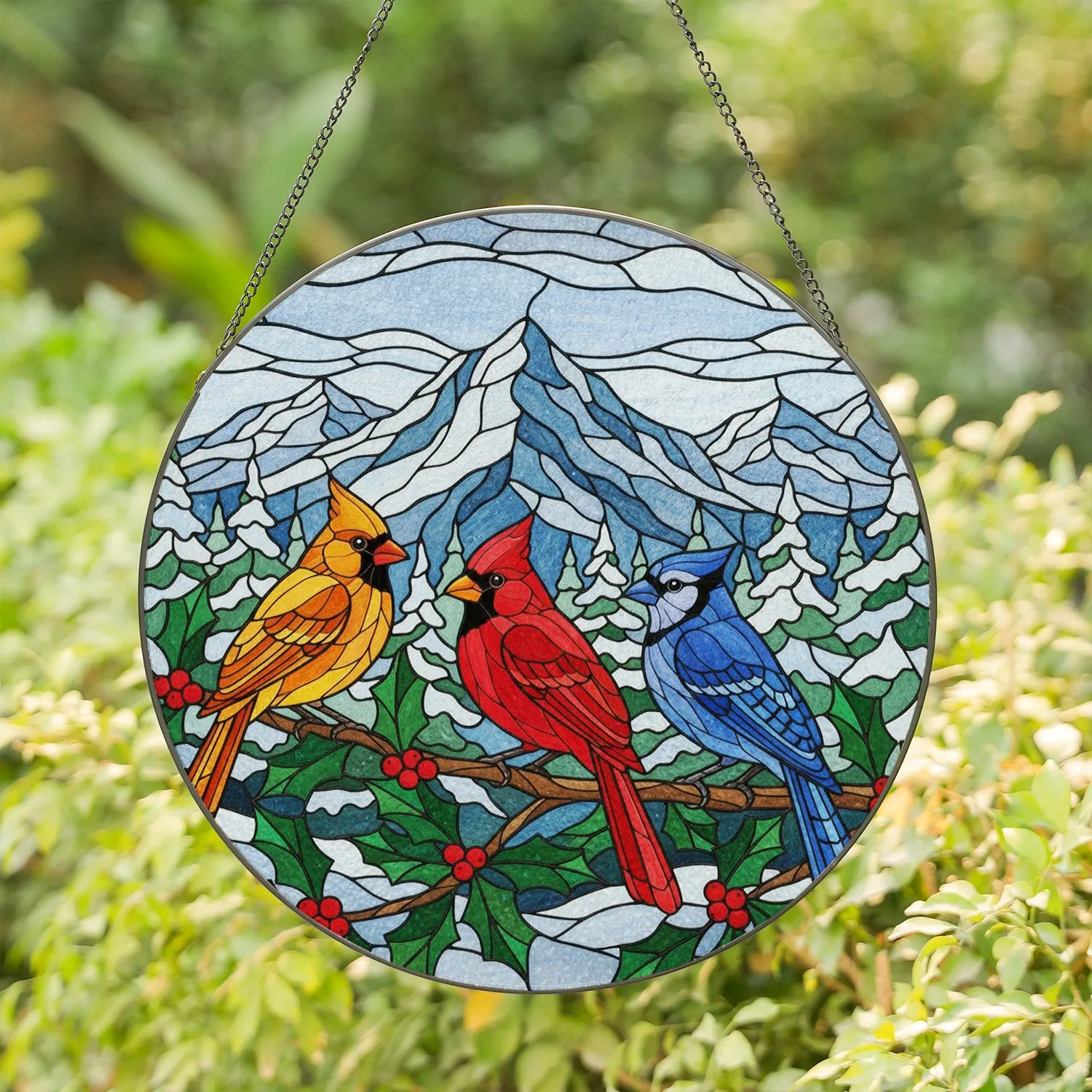 Cardinal Blue Jay Holly Tiffany Glass Winter Landscape Scene - Home Decor Gift for Bird Lover Stained Glass Suncatcher - 1