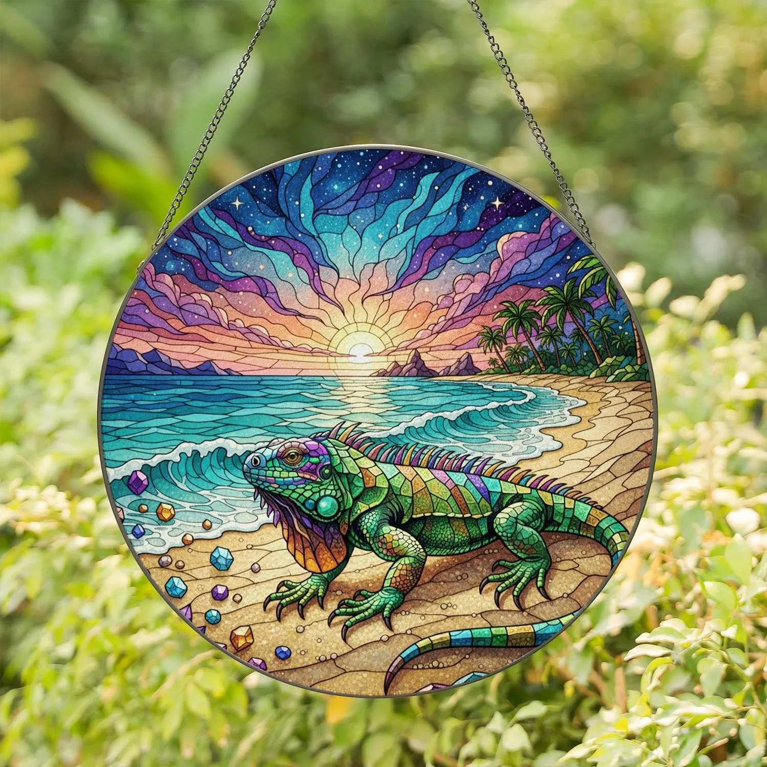 Iridescent Lizard Gemstone Tropical Beach Home Decor Gift for Lizard Lover Stained Glass Suncatcher - 1