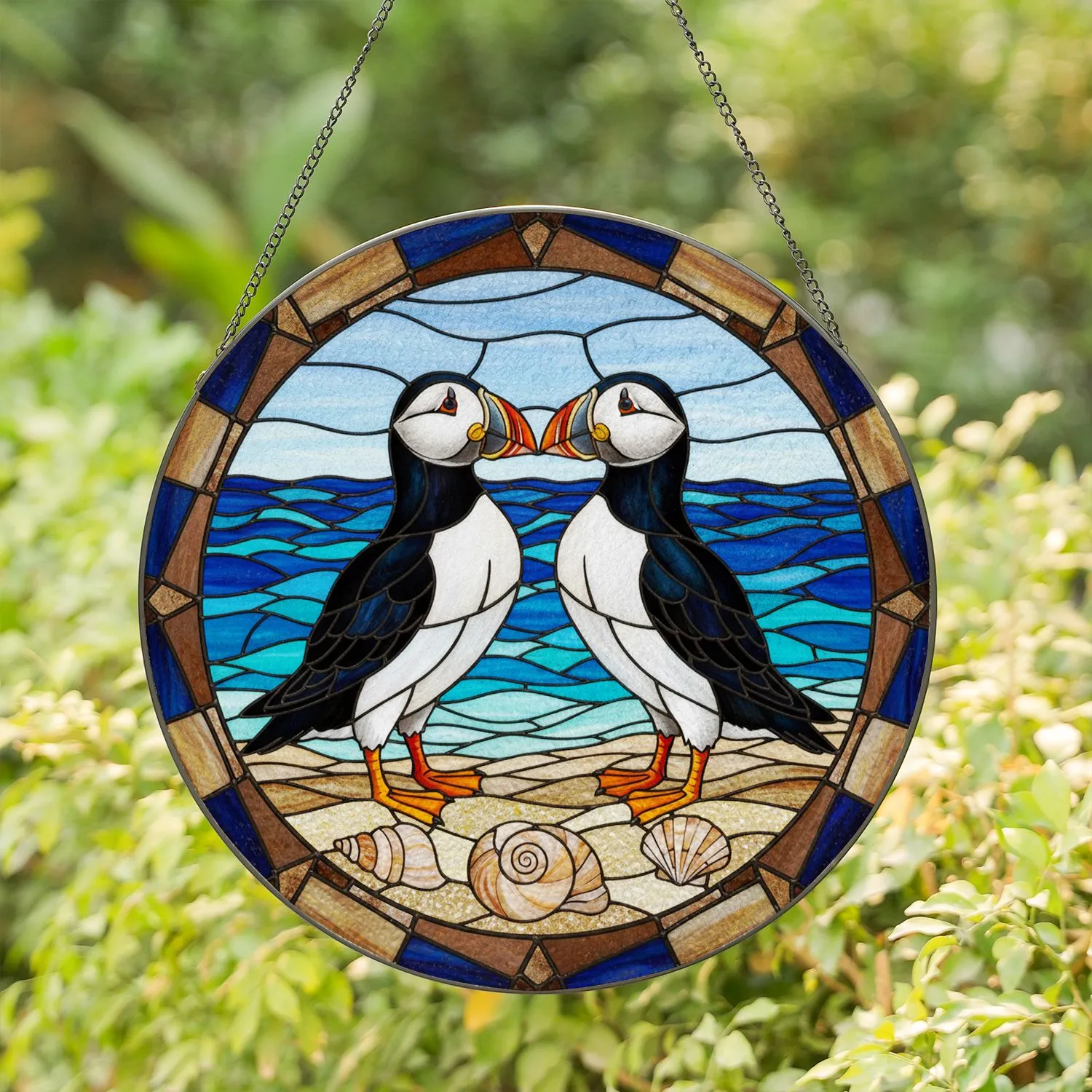 Atlantic Puffins Seashell Ocean Scene - Wildlife Lover Home Decor Gift Stained Glass Suncatcher - 1