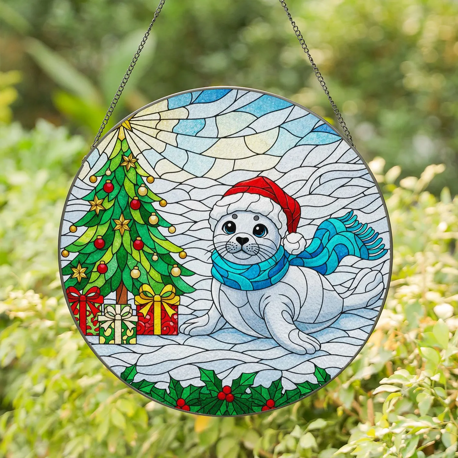 Baby Seal Pup Santa Hat Scarf Christmas Tree Holly Presents - Christmas Gift Stained Glass Suncatcher - 1