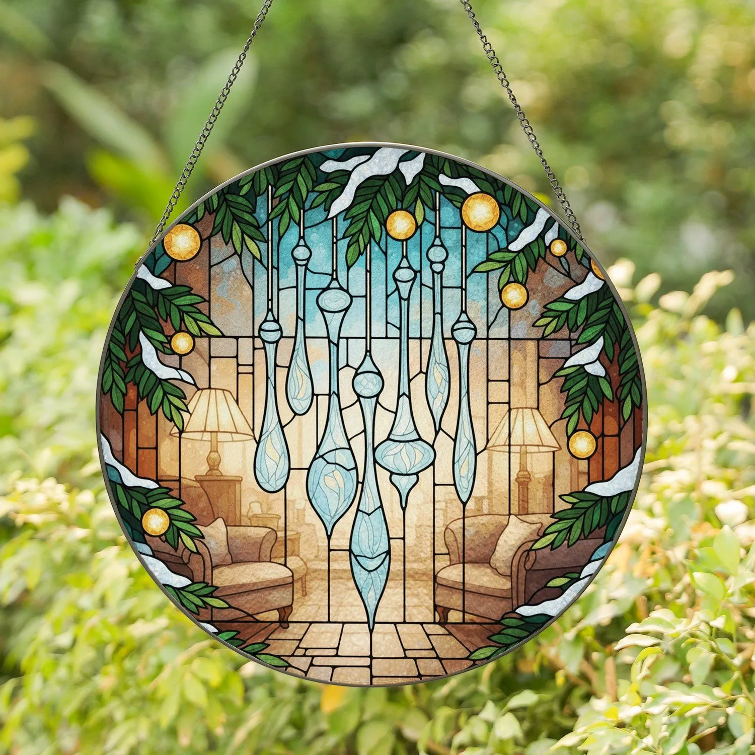 Translucent Teardrop Elements Glowing Lights Evergreen Branches Snow - Home Decor Gift Stained Glass Suncatcher - 1