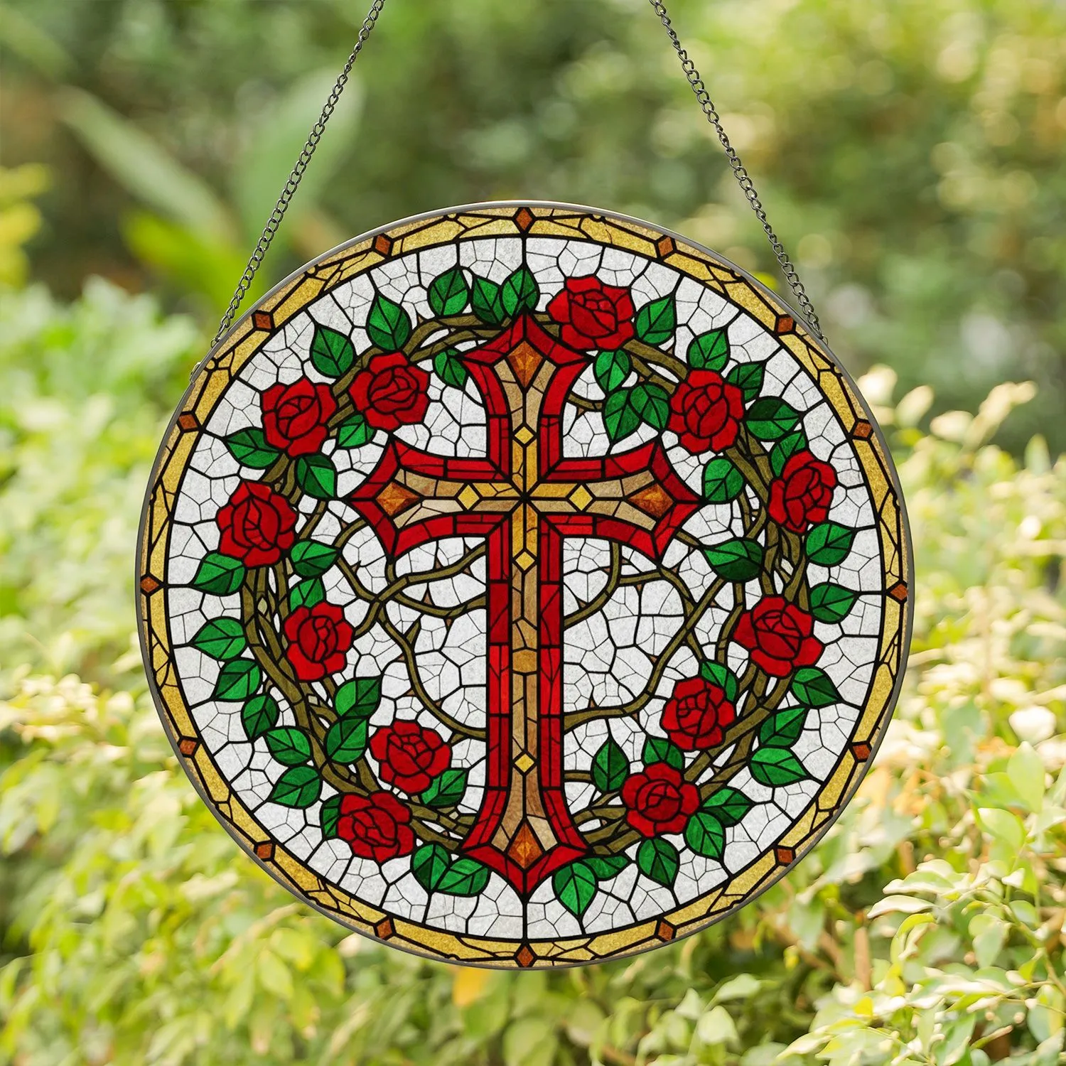Christian Cross Rose Vine Wreath Circular Border - Religious Home Decor Gift for Faith Stained Glass Suncatcher - 1