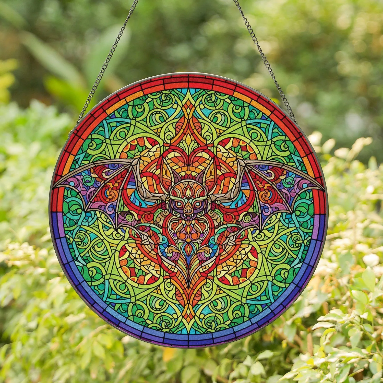 Bat with Large Outstretched Wings Rainbow Circular Frame Mosaic - Home Decor Gift Stained Glass Suncatcher - 1