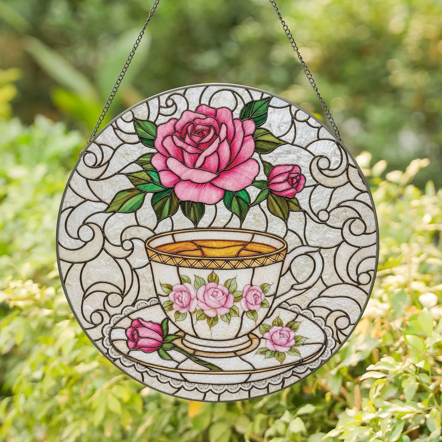 Delicate Ornate Porcelain Teacup Pink Rose Floral Pearlescent Background - Home Decor Gift Stained Glass Suncatcher - 1