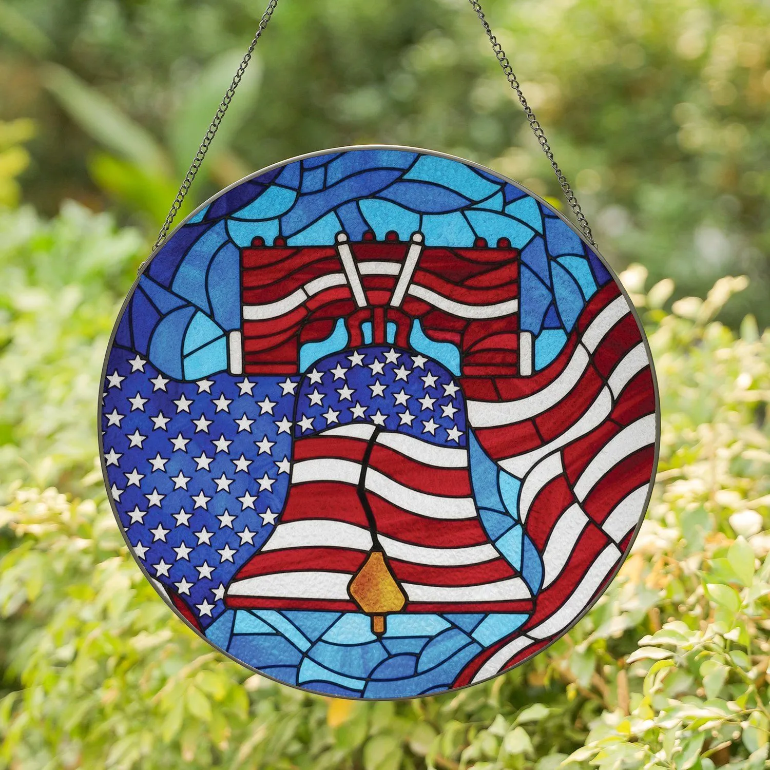 Liberty Bell Stars Stripes American Flag - Independence Day Home Decor Gift for Veterans Stained Glass Suncatcher - 1