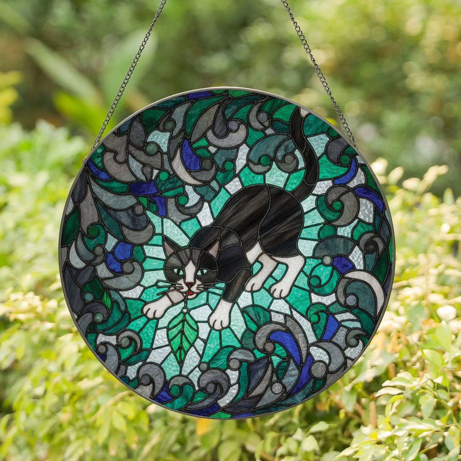 Black White Tuxedo Cat Lowered Head Emerald Green Leaf - Home Decor Gift for Cat Lovers Stained Glass Suncatcher - 1