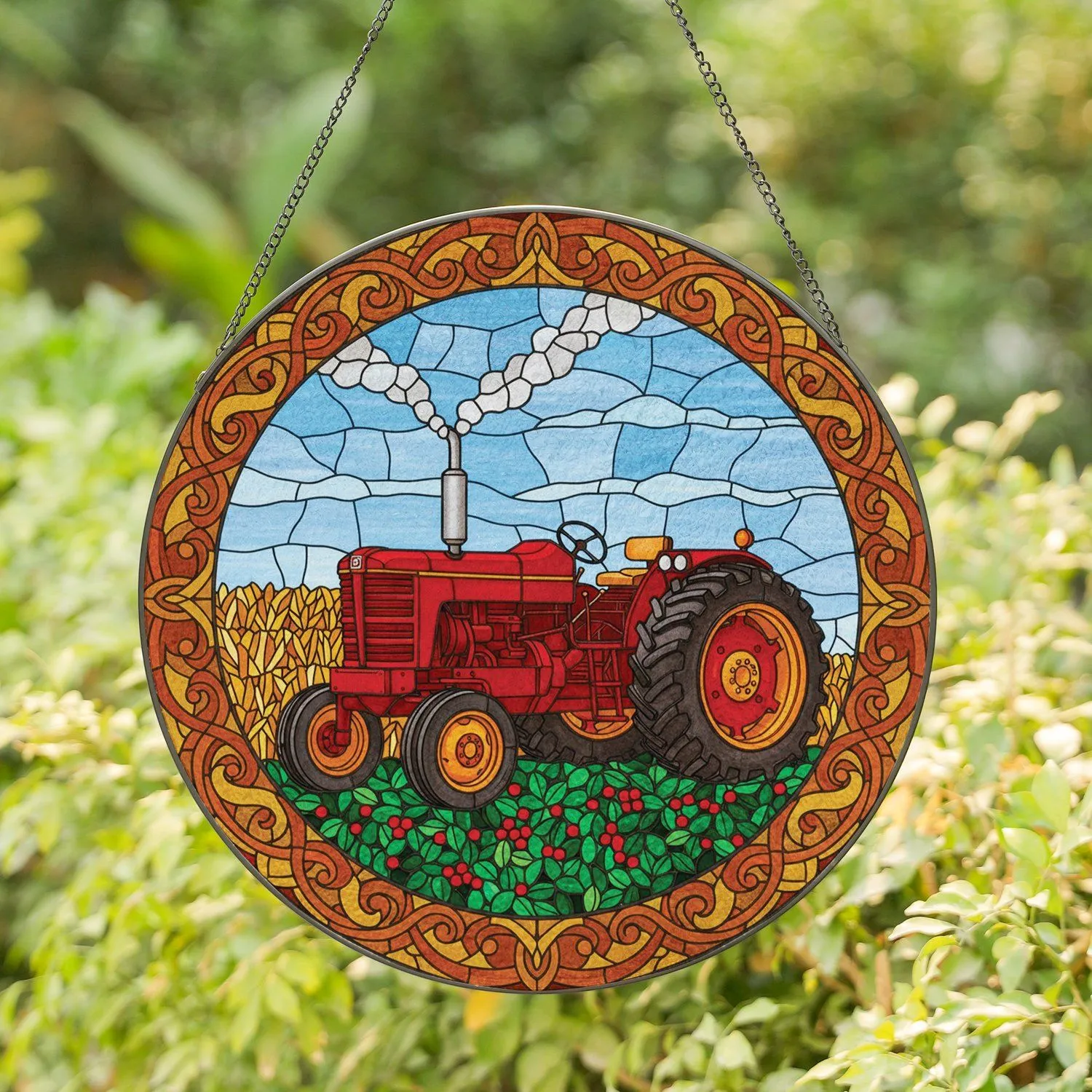 Tiffany Glass Farm Tractor Red Berries Sky Clouds - Farmhouse Home Decor Gift Stained Glass Suncatcher - 1