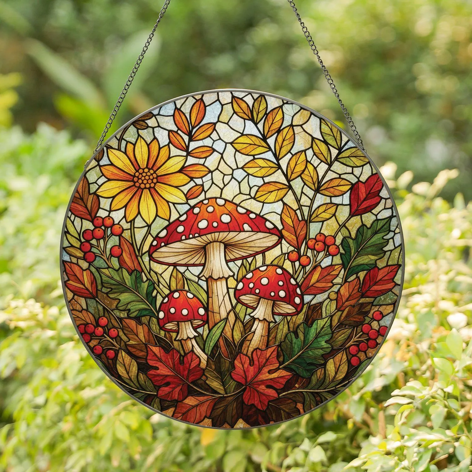 Wild Mushrooms Toadstool Forest Flora Yellow Bloom Red Berries - Home Decor Gift for Mushroom Lovers Stained Glass Suncatcher - 1