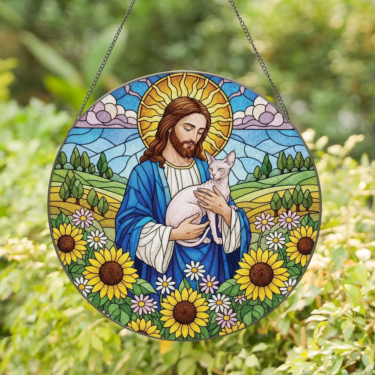 Jesus Christ Sphynx Cat Sunflowers Daisies Mosaic Fields Home Decor Gift for Cat Lover Stained Glass Suncatcher - 1