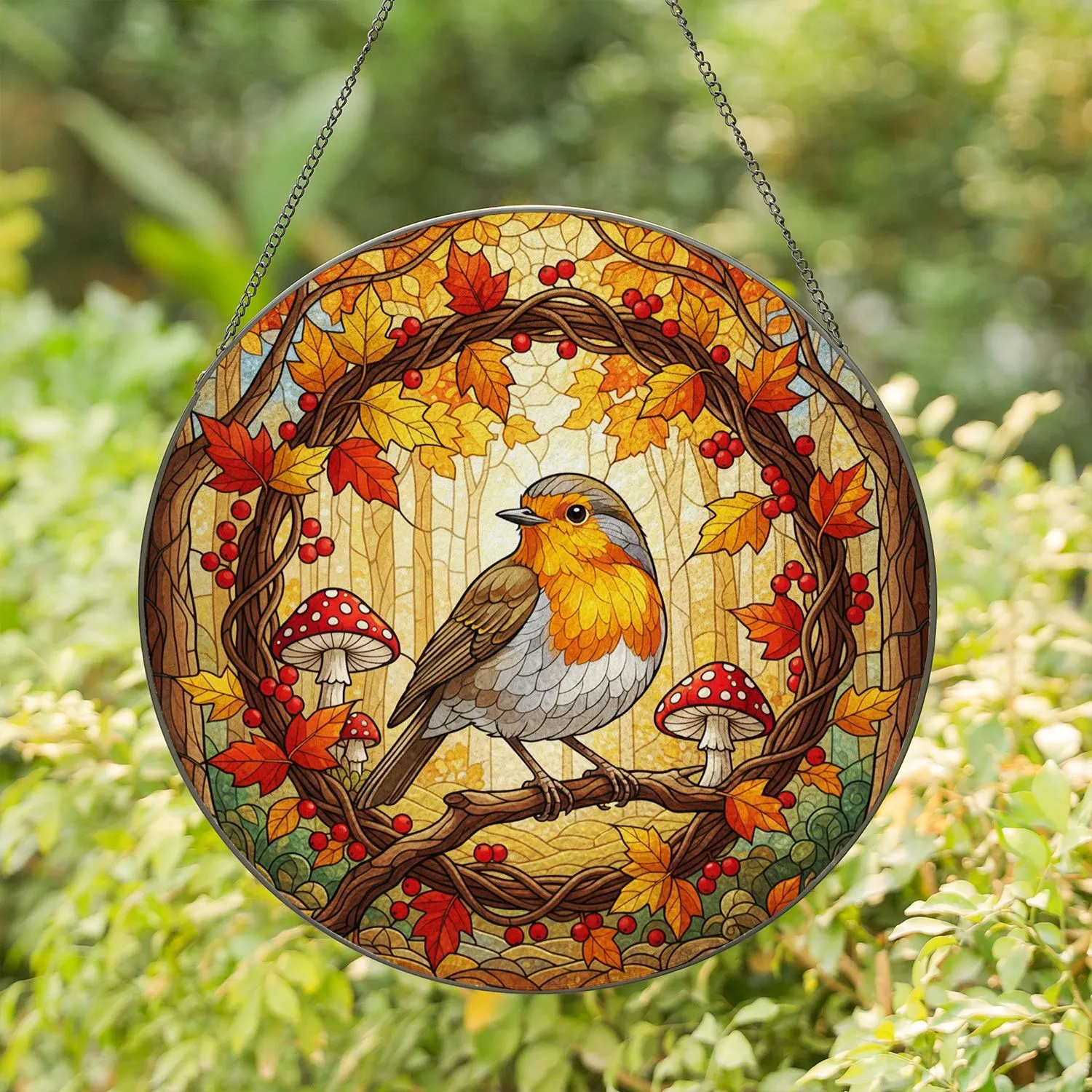 European Robin Autumn Leaves Forest Toadstools - Fall Home Decor Gift Stained Glass Suncatcher - 1