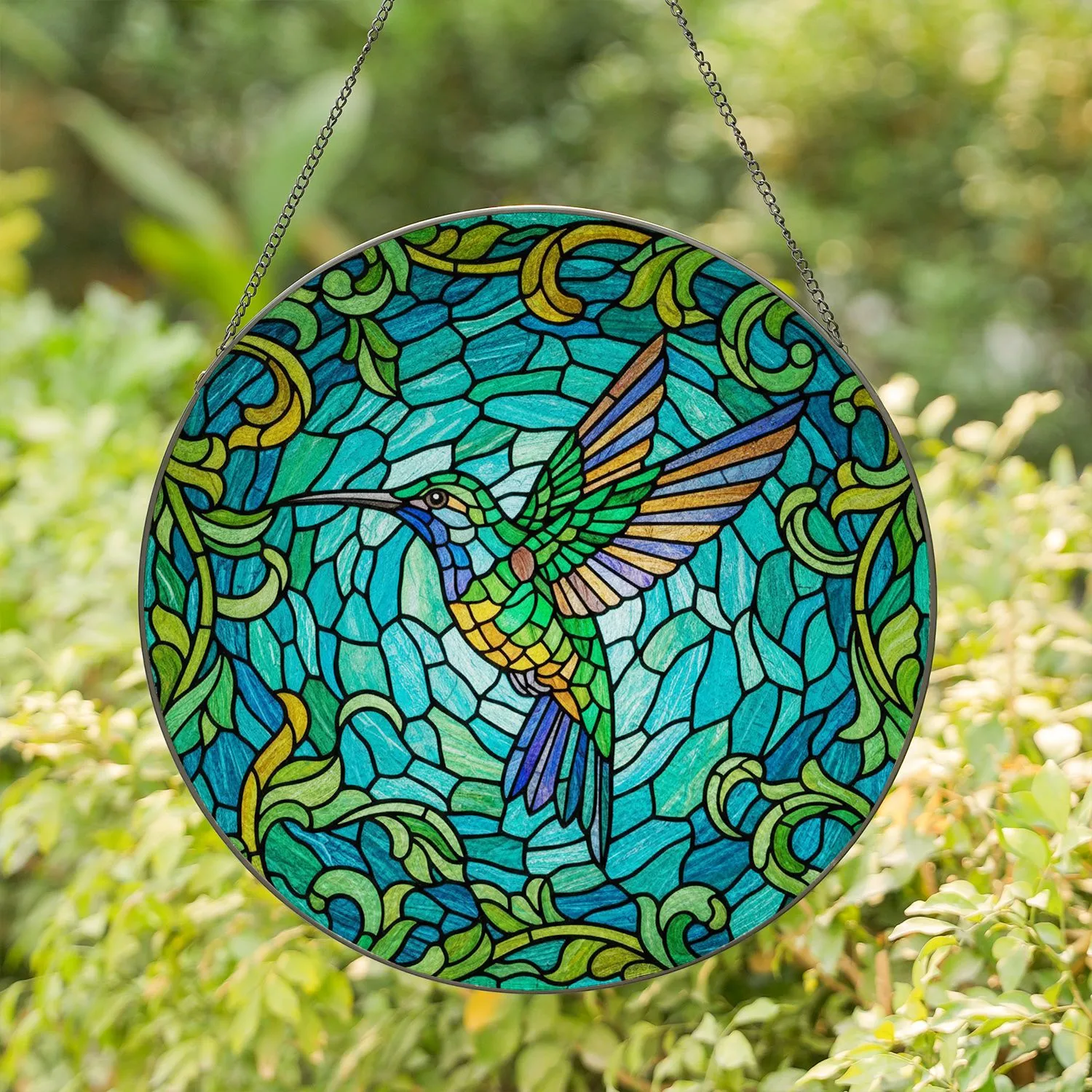 Hummingbird Tiffany Glass Floral Leaves Organic Swirling Mosaic - Home Decor Gift Stained Glass Suncatcher - 1