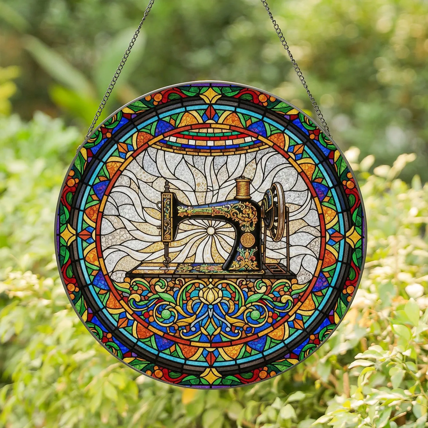Vintage Ornate Sewing Machine Floral Jewel Tone Tiffany Glass - Home Decor Gift Stained Glass Suncatcher - 1