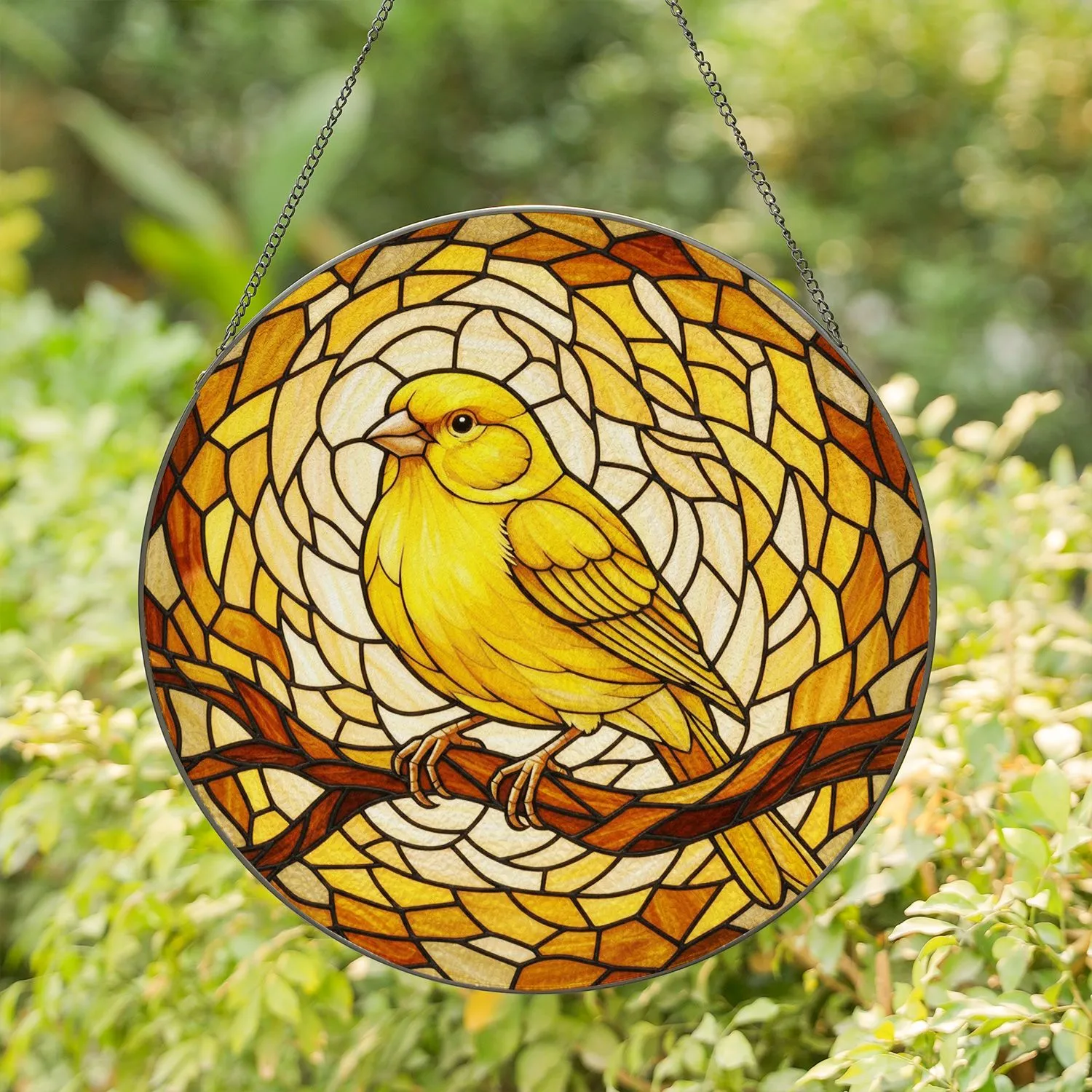 Yellow Canary Finch Gnarled Branch Stained Glass - Home Decor Gift for Bird Lover Stained Glass Suncatcher - 1