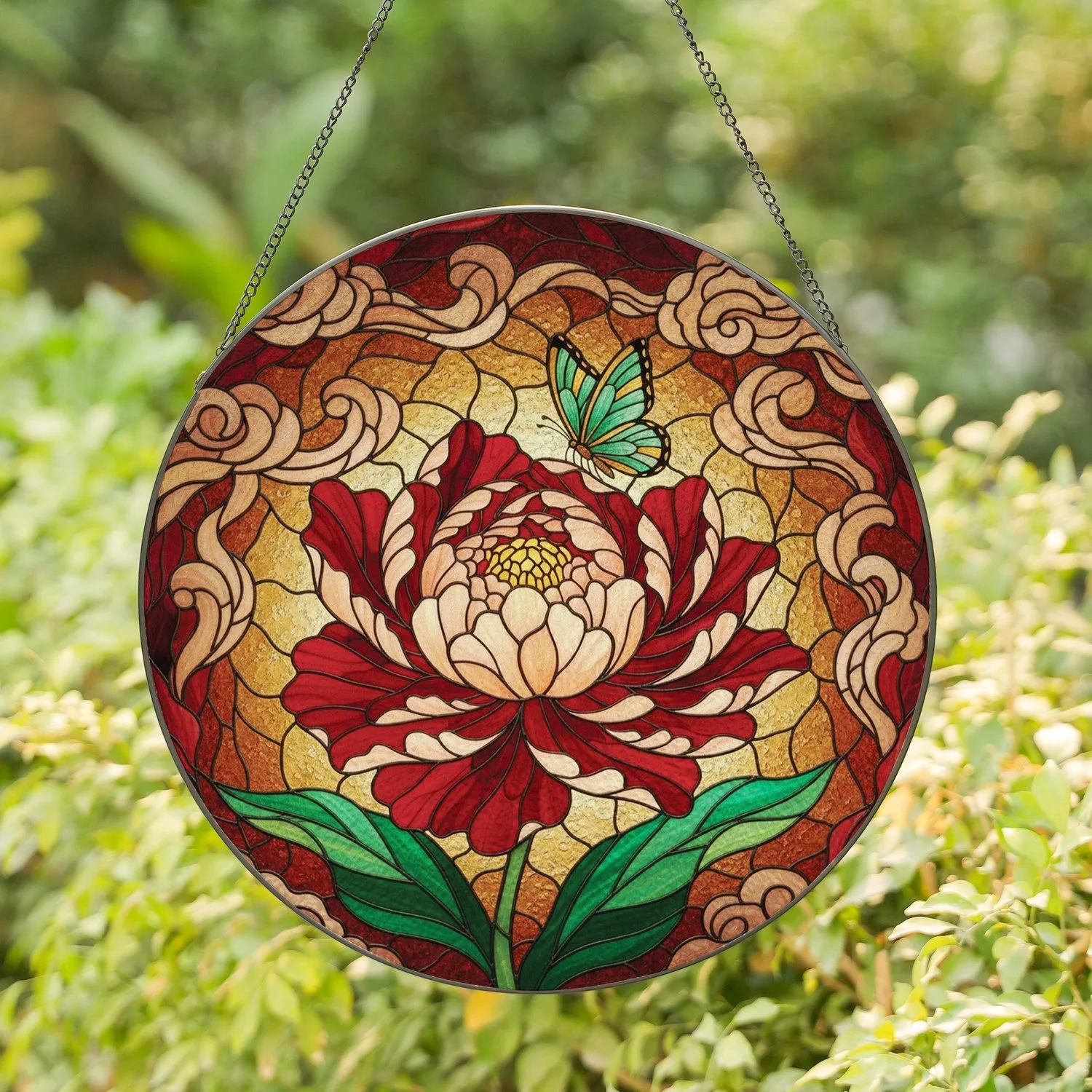 Peony Leaves Butterfly Full Bloom - Home Decor Gift for Nature Lover Stained Glass Suncatcher - 1