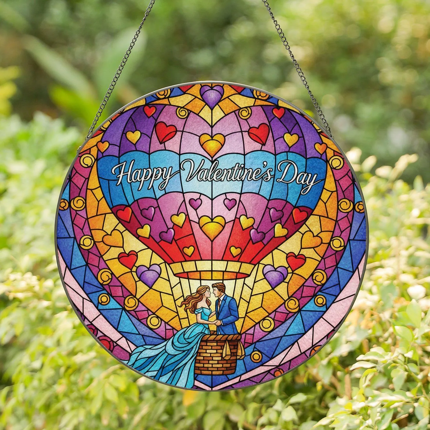 Heart Hot Air Balloon Romantic Couple Happy Valentine's Day Gift for Couples Stained Glass Suncatcher - 1