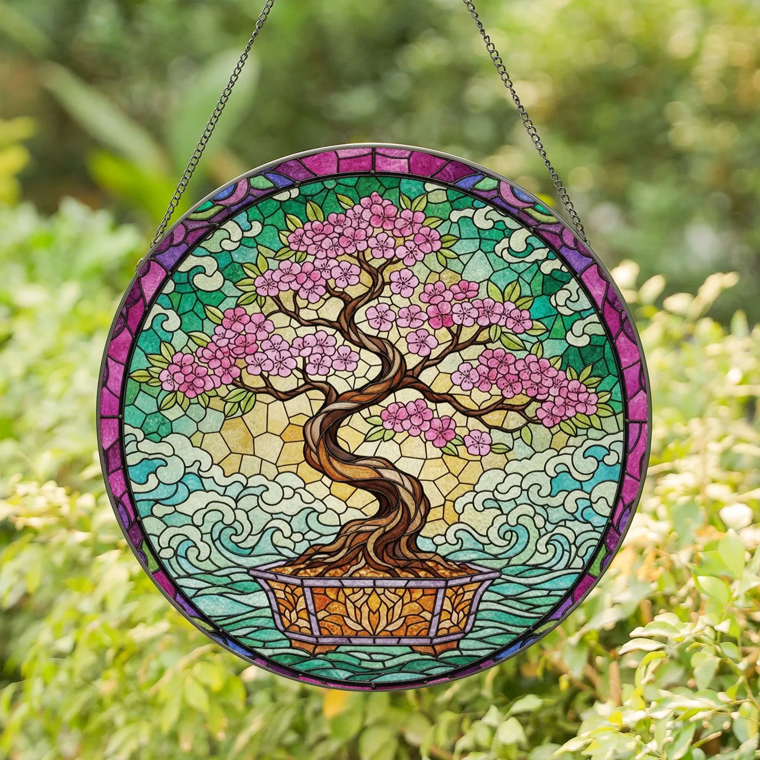 Gnarled Blossoming Cherry Bonsai Tree Filigree Stained Glass Mosaic - Home Decor Gift Stained Glass Suncatcher - 1