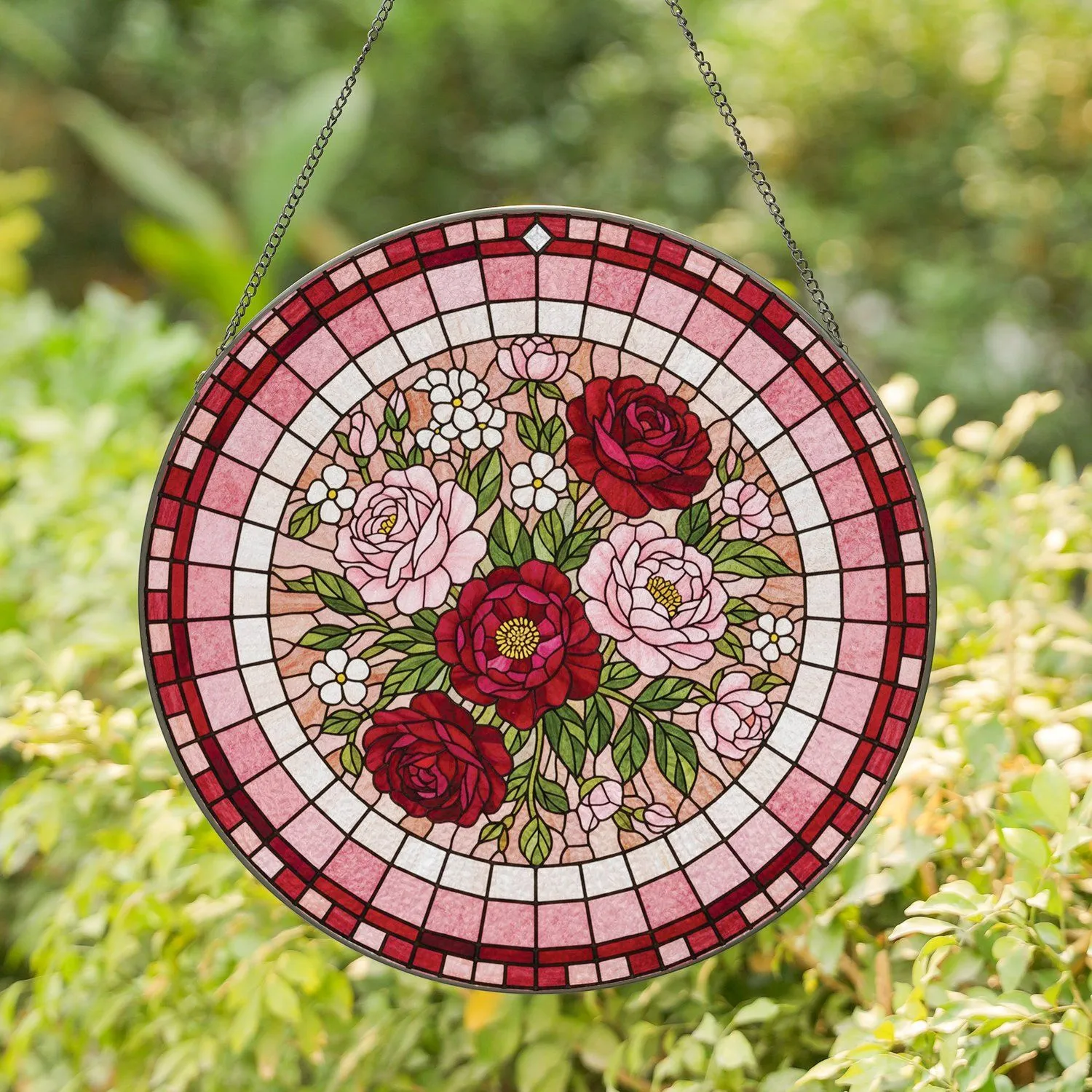 Lush Roses Peonies Bouquet Jewel Tone Stained Glass - Home Decor Gift for Flower Lovers Stained Glass Suncatcher - 1