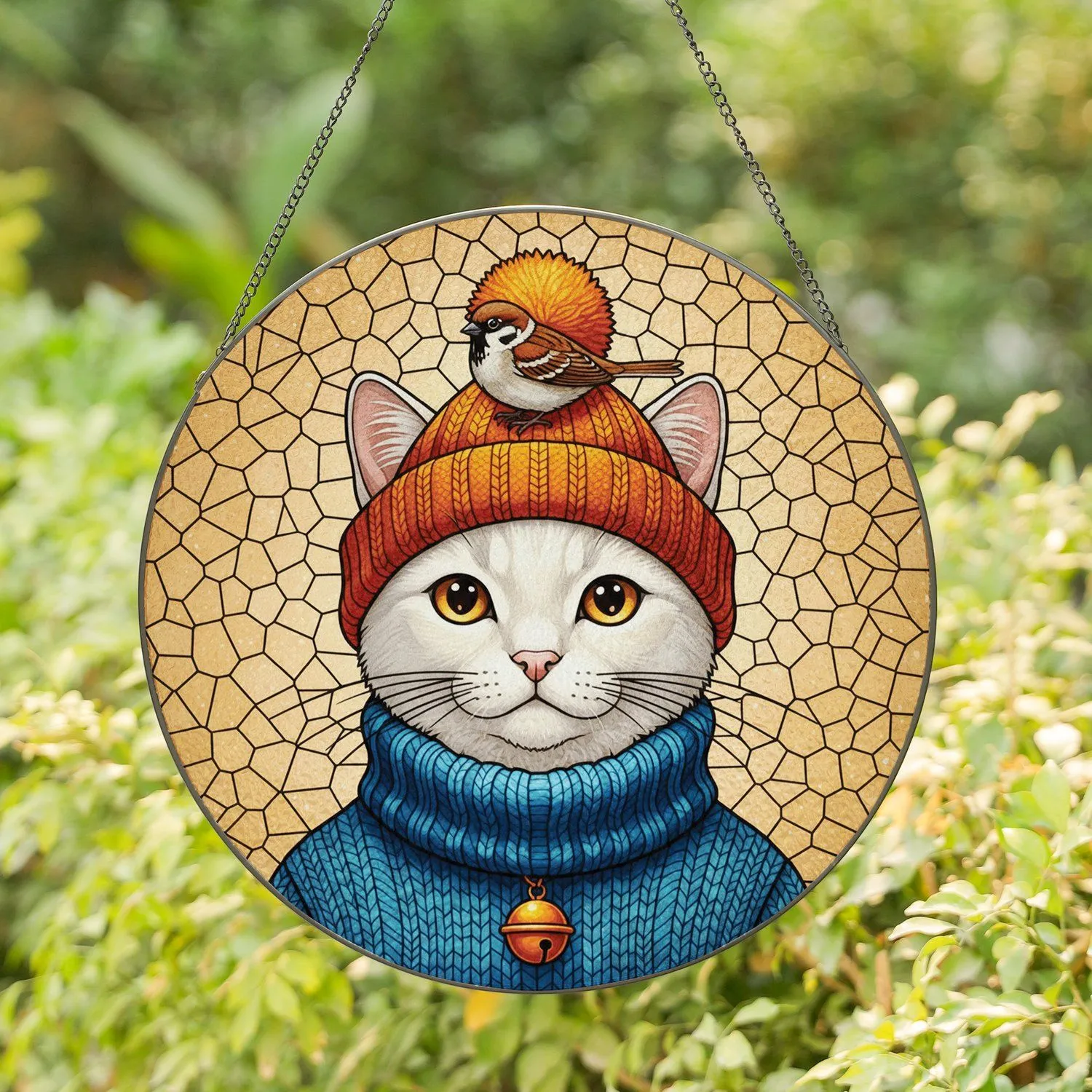 Fluffy White Cat Beanie Stained Glass Sparrow Bird - Home Decor Gift for Cat Lovers Stained Glass Suncatcher - 1