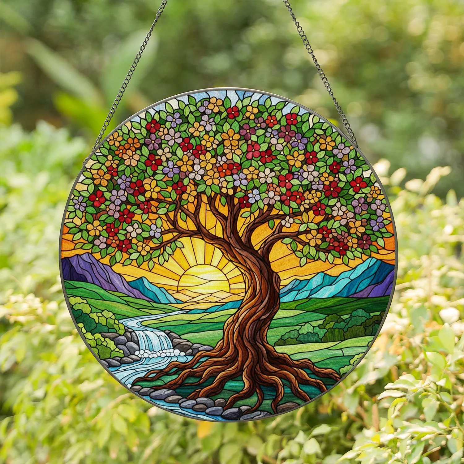 Tree of Life Blossoms River Waterfall Sunset Mountains - Home Decor Gift Stained Glass Suncatcher - 1