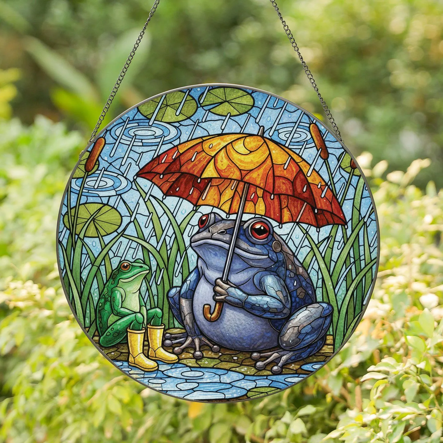 Red Eyed Frog Mushroom Umbrella Wetland Lily Pads Cattails Scene - Nature Lover Gift Stained Glass Suncatcher - 1