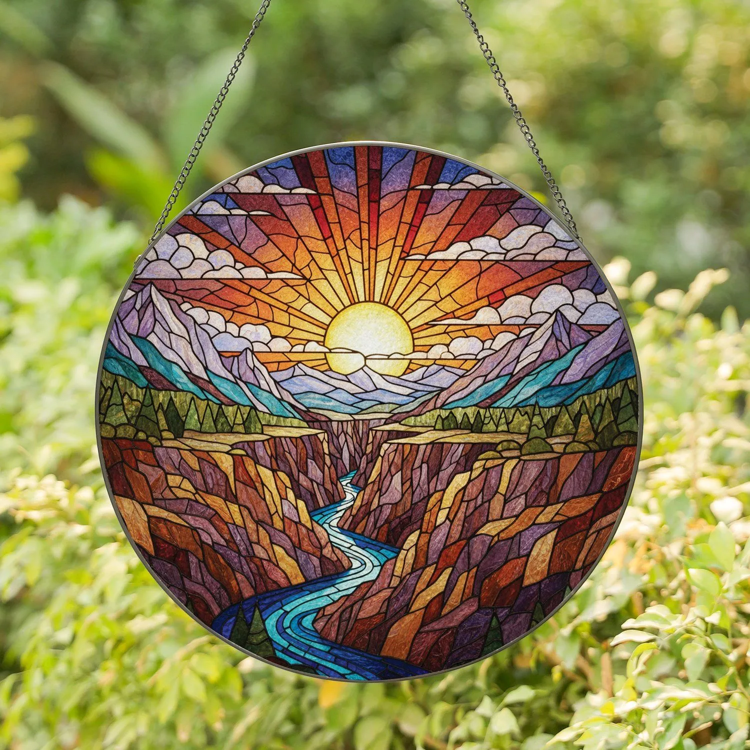Setting Sun River Canyon Mountains Clouds Rock Walls - Home Decor Gift Stained Glass Suncatcher - 1