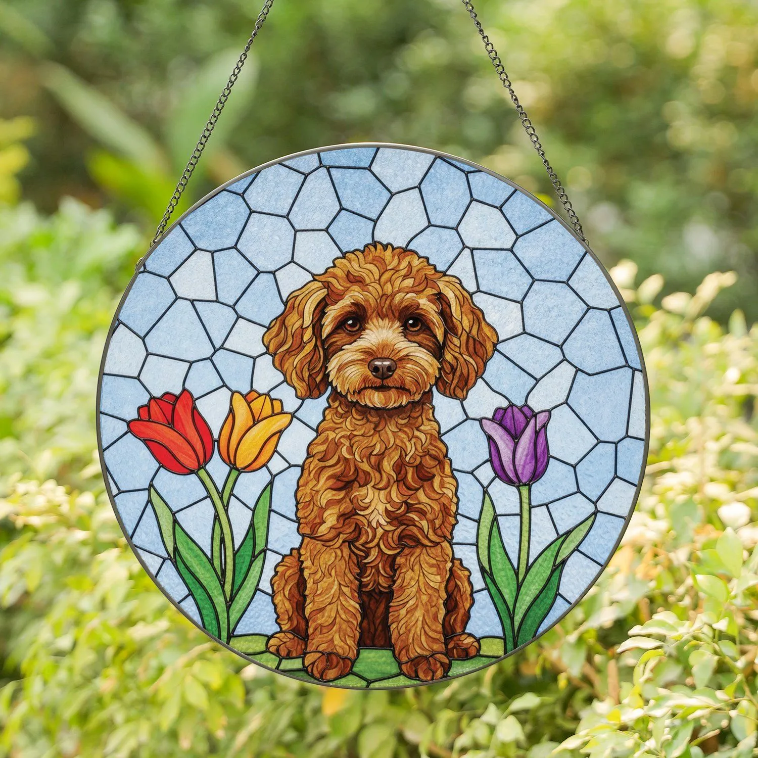 Miniature Poodle Tulips Sky Mosaic - Poodle Lover Home Decor Gift Stained Glass Suncatcher - 1