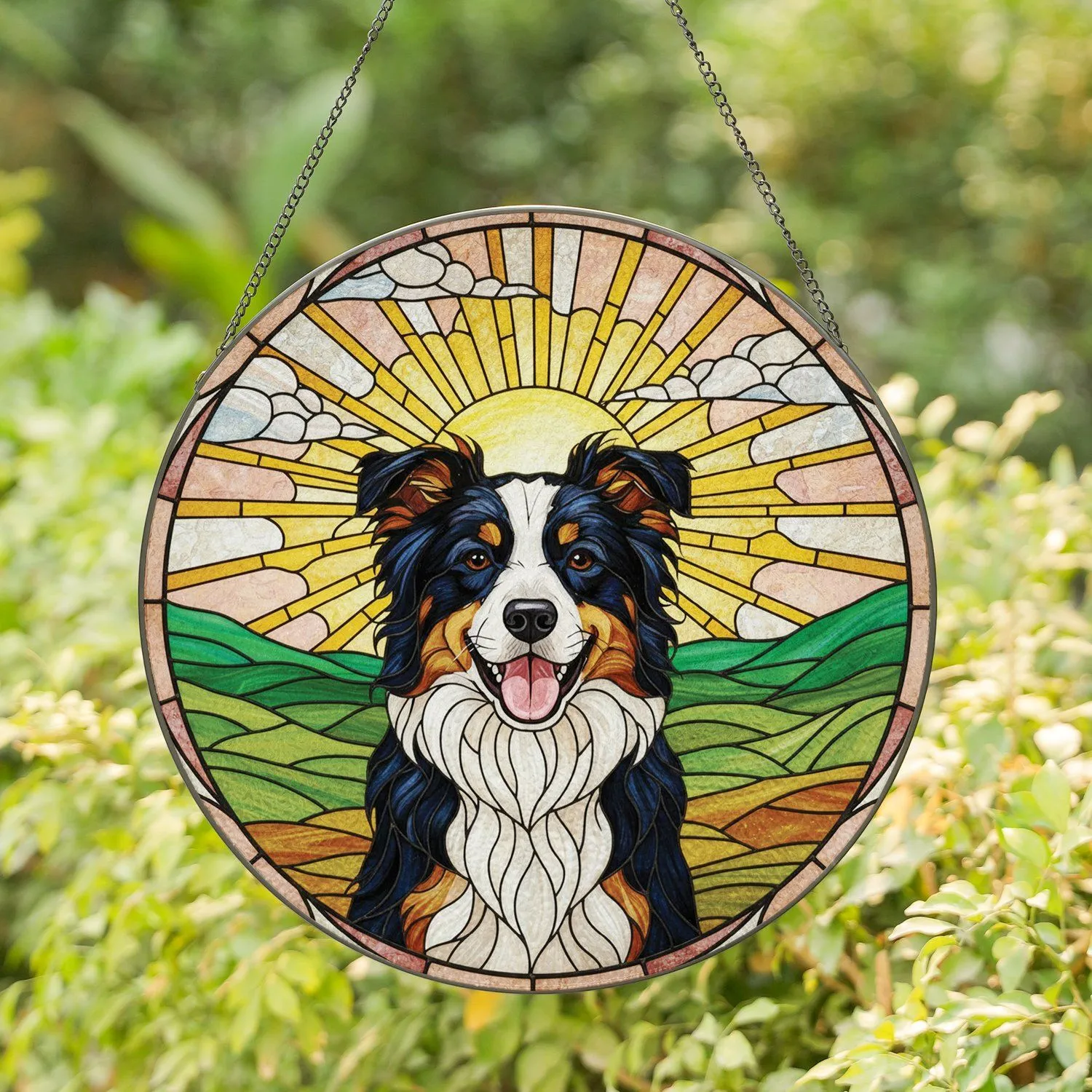 Border Collie Dog Head Tilted Tongue Out Rolling Hills Sun-Drenched Sky - Dog Lover Home Decor Gift Stained Glass Suncatcher - 1