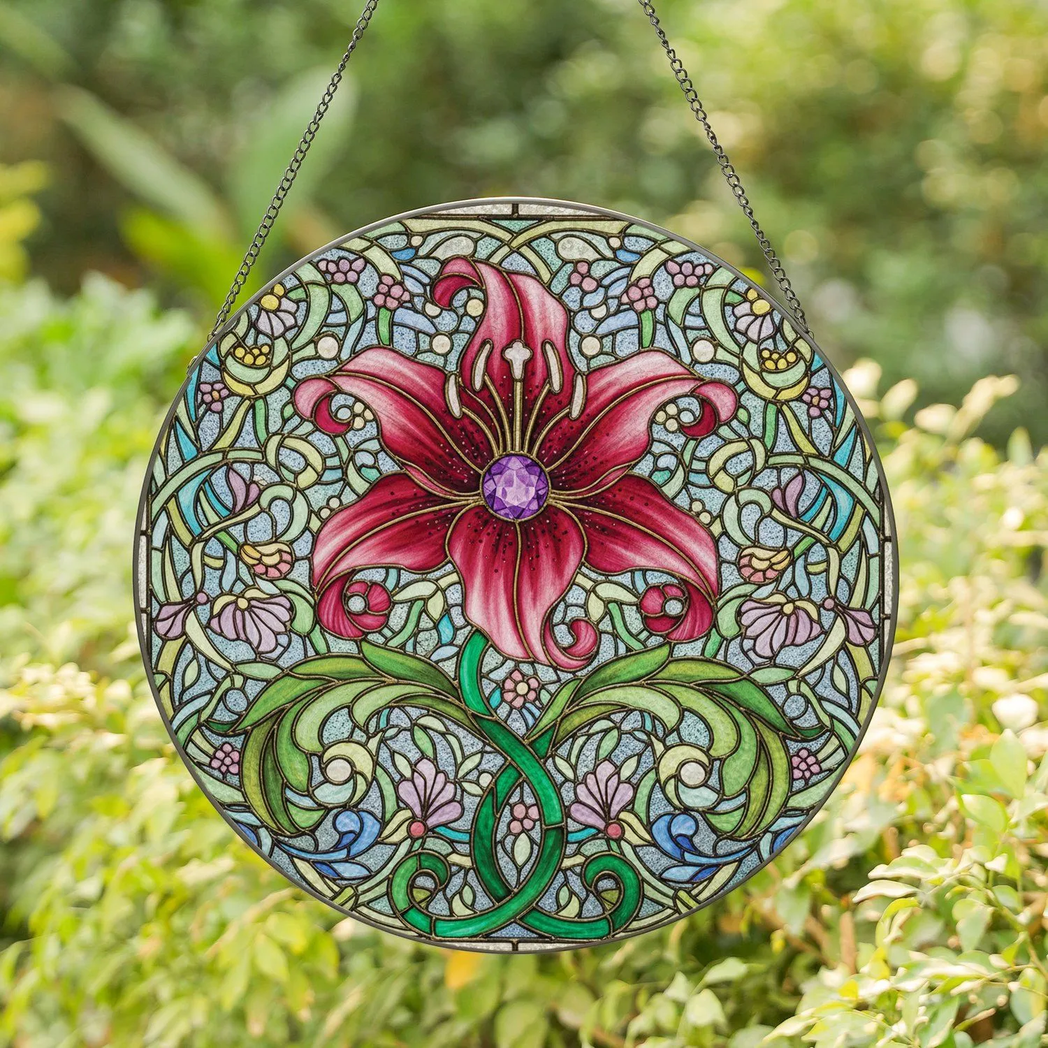 Purple Gem Lily Flower Botanical Mosaic Home Decor Gift for Floral Lovers Stained Glass Suncatcher - 1