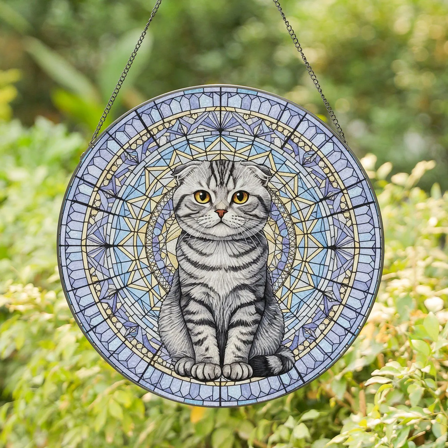 Glowing Jewel Tone Stained Glass Scottish Fold Cat Mosaic - Home Decor Gift for Cat Lover Stained Glass Suncatcher - 1