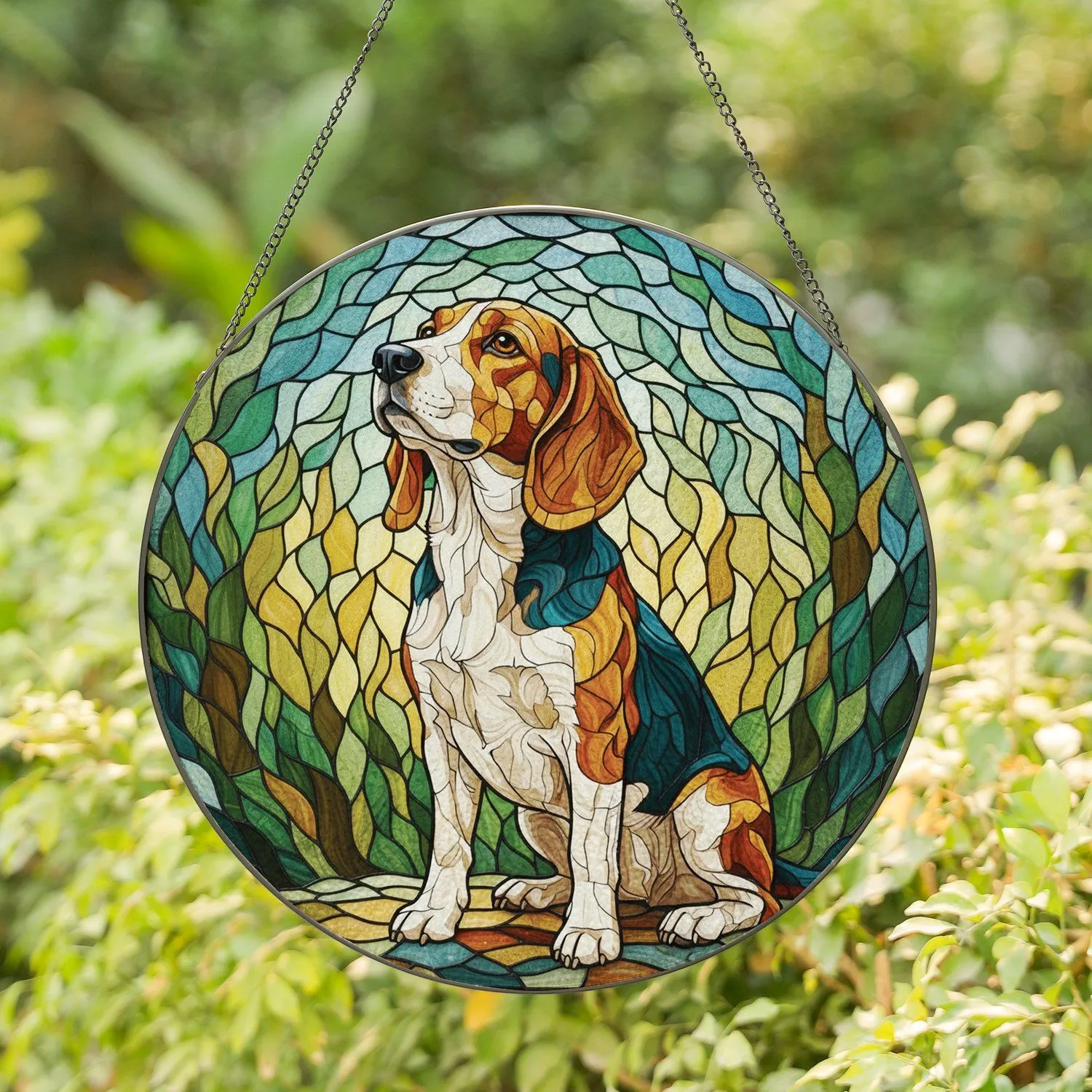 Attentive Tri-Color Hound Dog with Swirling Organic Background Home Decor Gift for Dog Lovers Stained Glass Suncatcher - 1