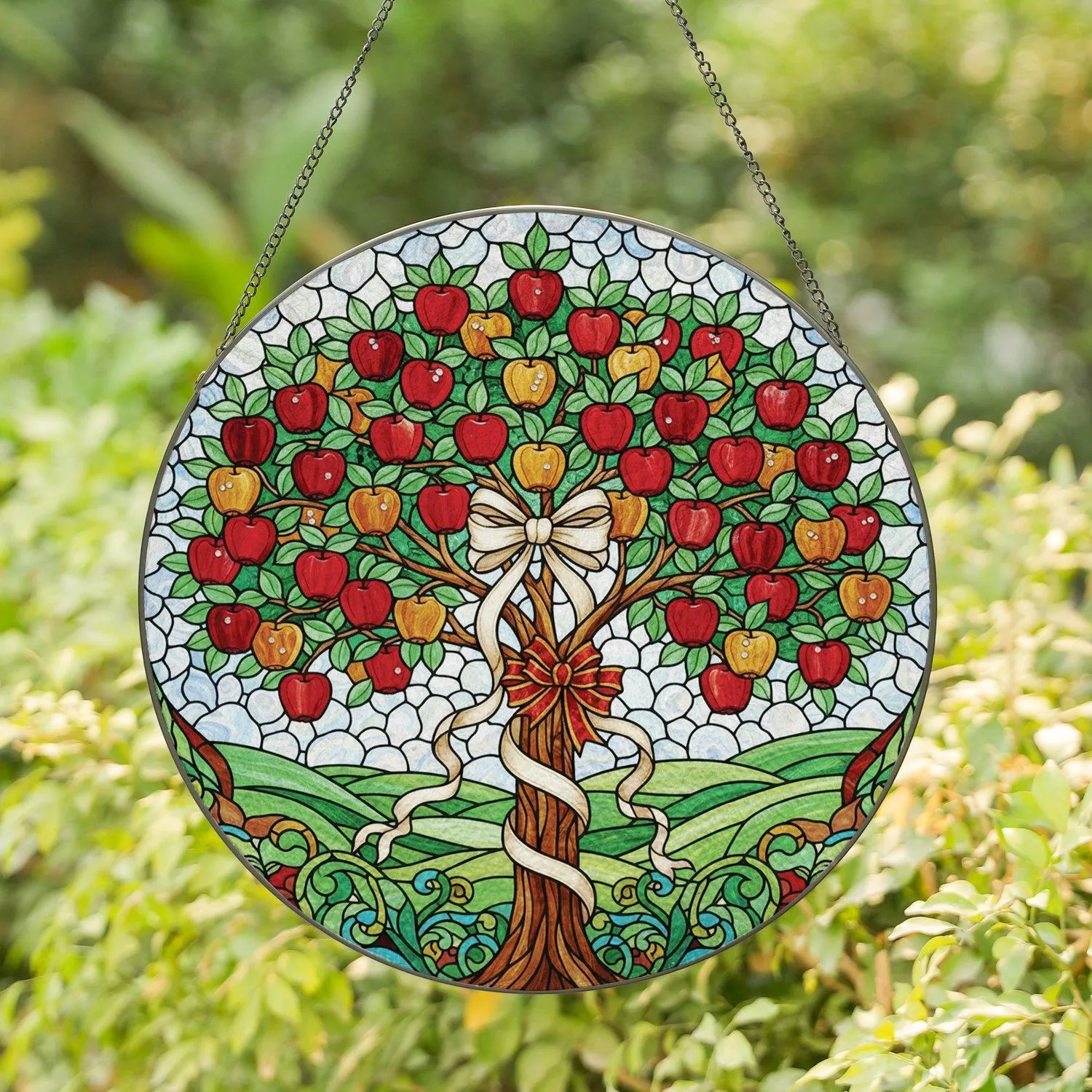 Vibrant Gnarled Apple Tree Pearl Ribbon Cloudy Sky Stained Glass Mosaic - Home Decor Gift Stained Glass Suncatcher - 1