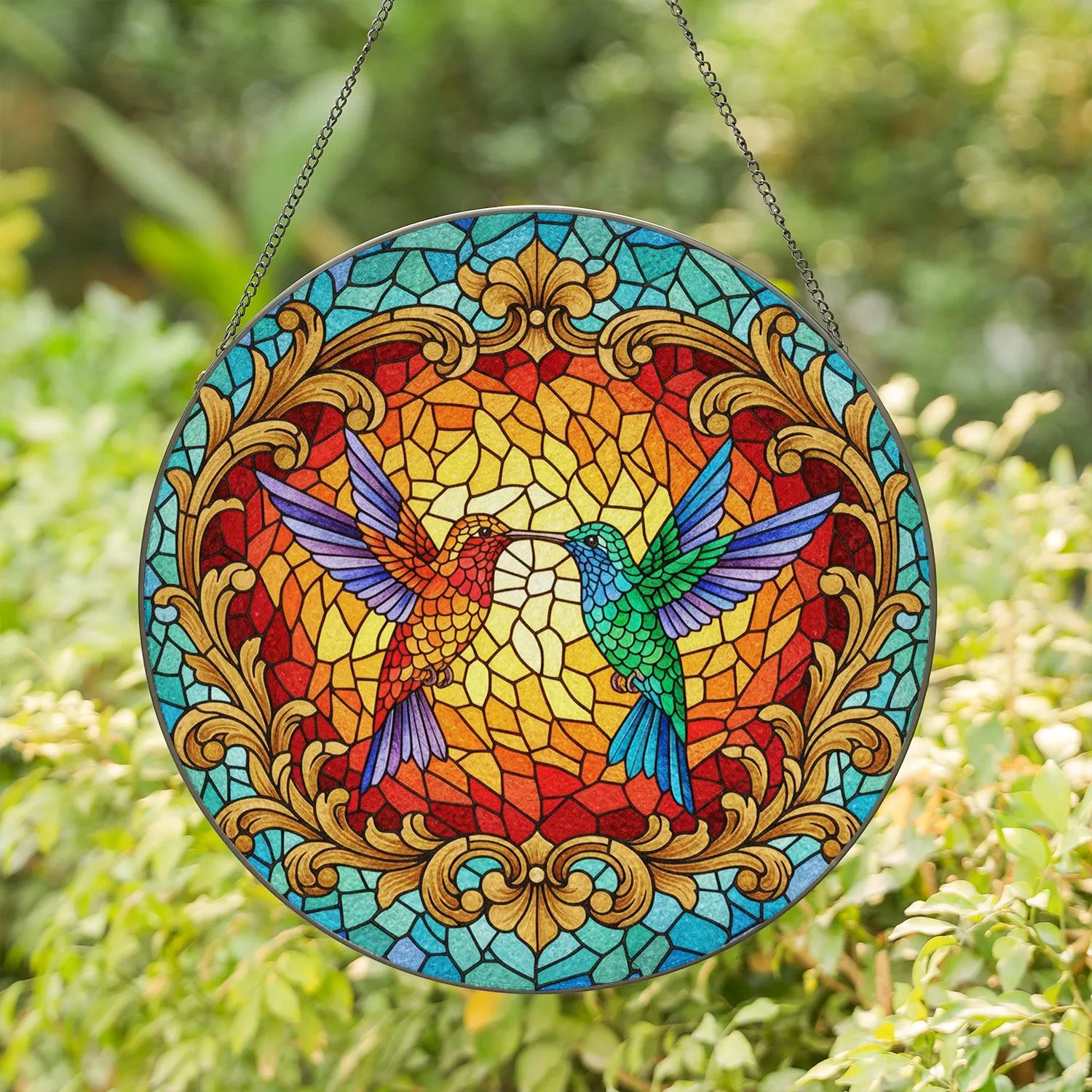 Two Hummingbirds Stained Glass Mosaic - Home Decor Gift for Nature Lovers Stained Glass Suncatcher - 1