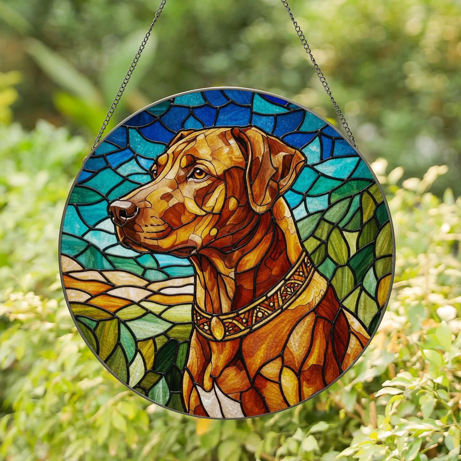 Rhodesian Ridgeback Dog Profile with Collar Landscape - Home Decor Gift for Dog Lover Stained Glass Suncatcher - 1