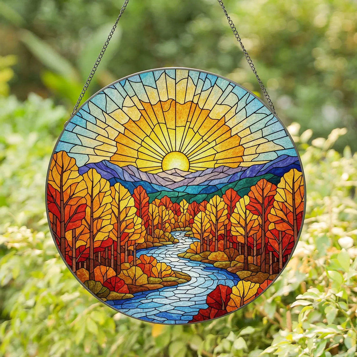 Warm Sun Autumnal Forest River Distant Hills Scene - Home Decor Gift Stained Glass Suncatcher - 1