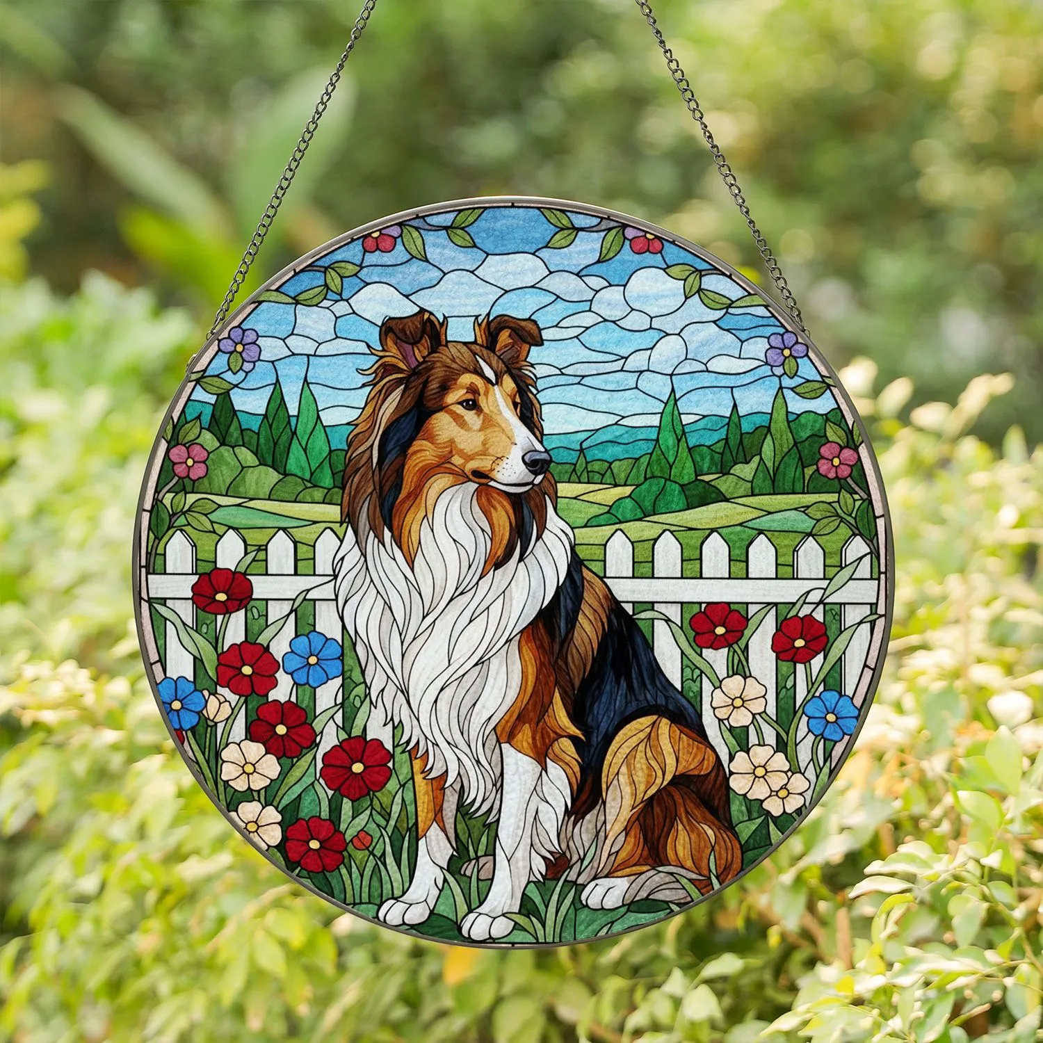 Tricolor Rough Collie Dog White Ruff Flowers Picket Fence - Home Decor Gift for Dog Lover Stained Glass Suncatcher - 1