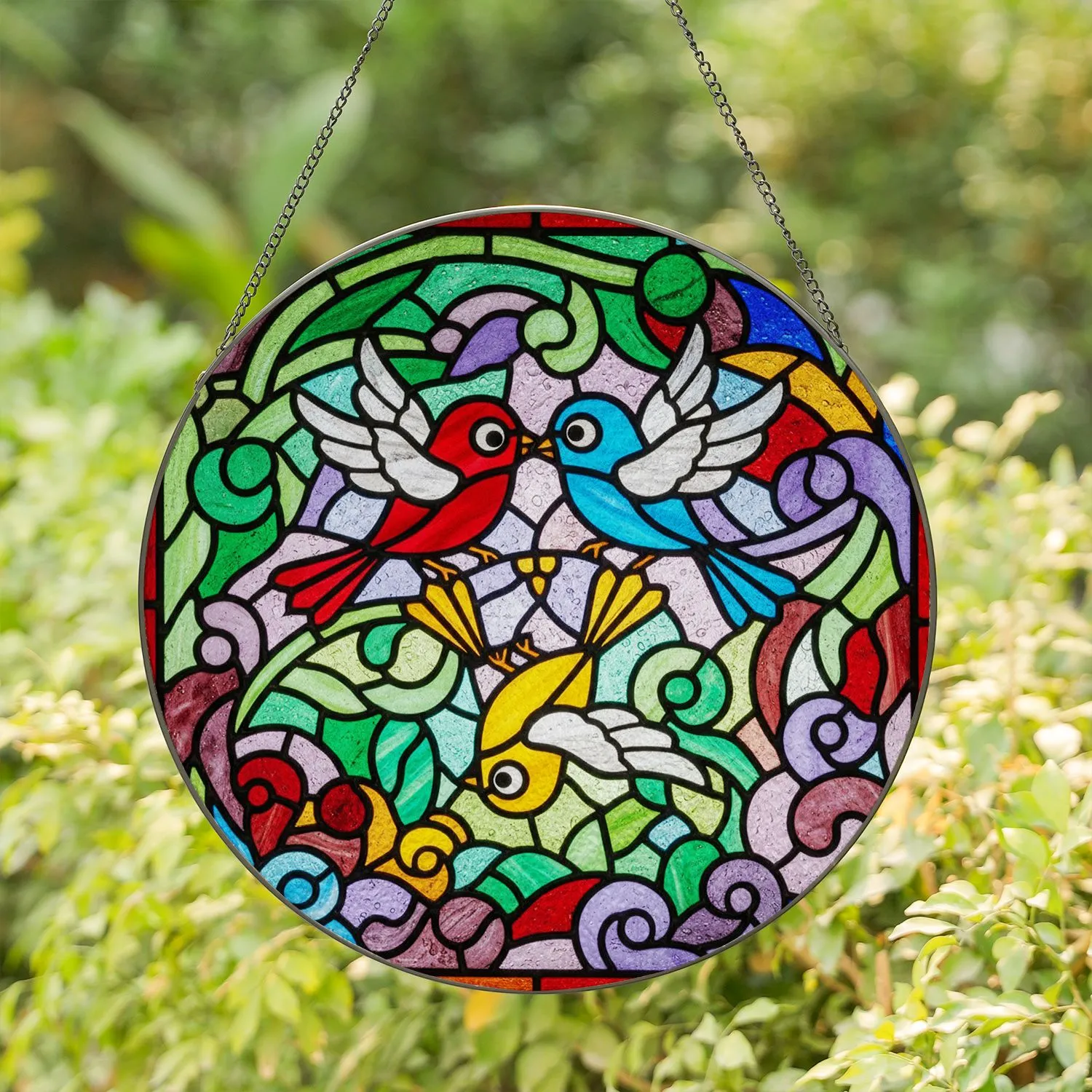Stained Glass Cartoon Birds Leaves Vines - Home Decor Gift for Bird Lovers Stained Glass Suncatcher - 1