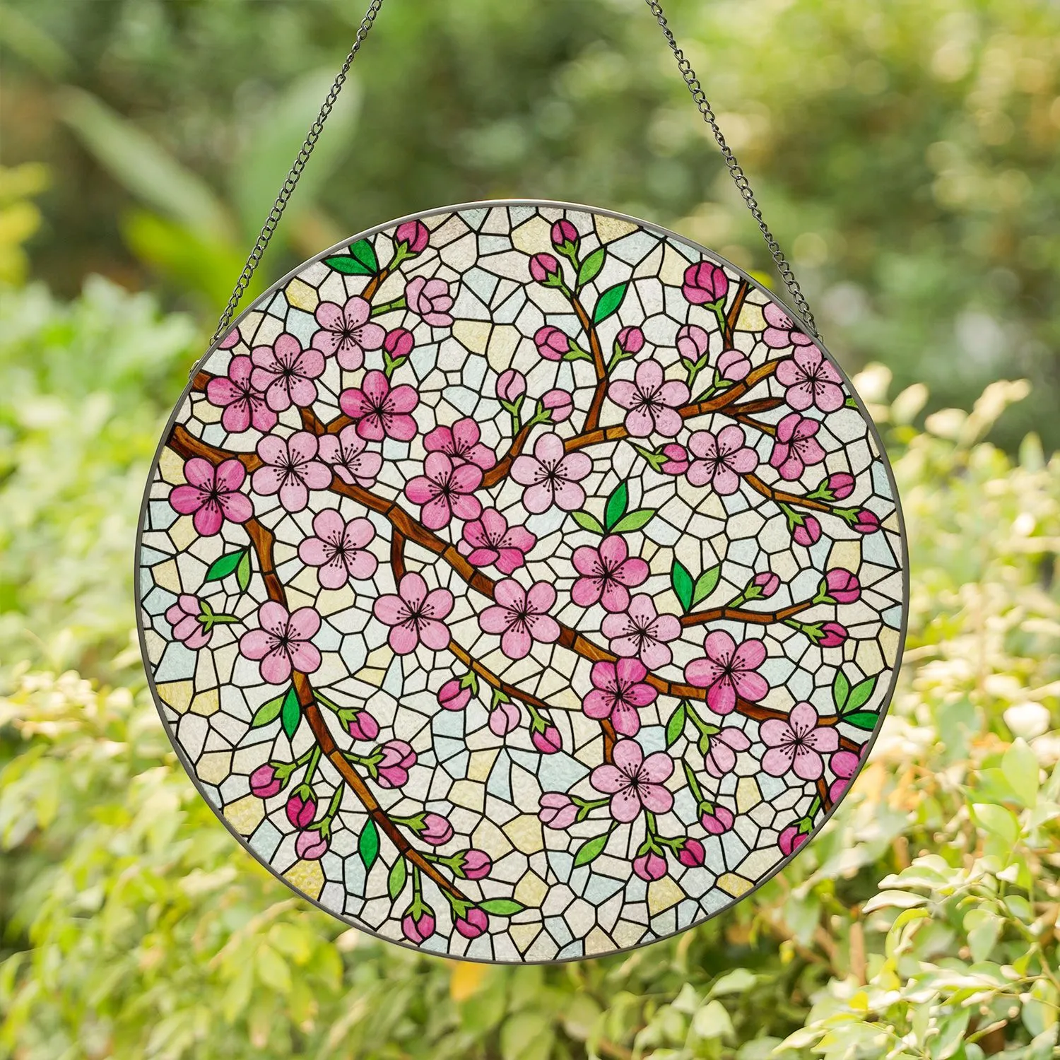 Cherry Blossom Branch Pink Flowers Green Leaves - Home Decor Gift for Blossom Lover Stained Glass Suncatcher - 1