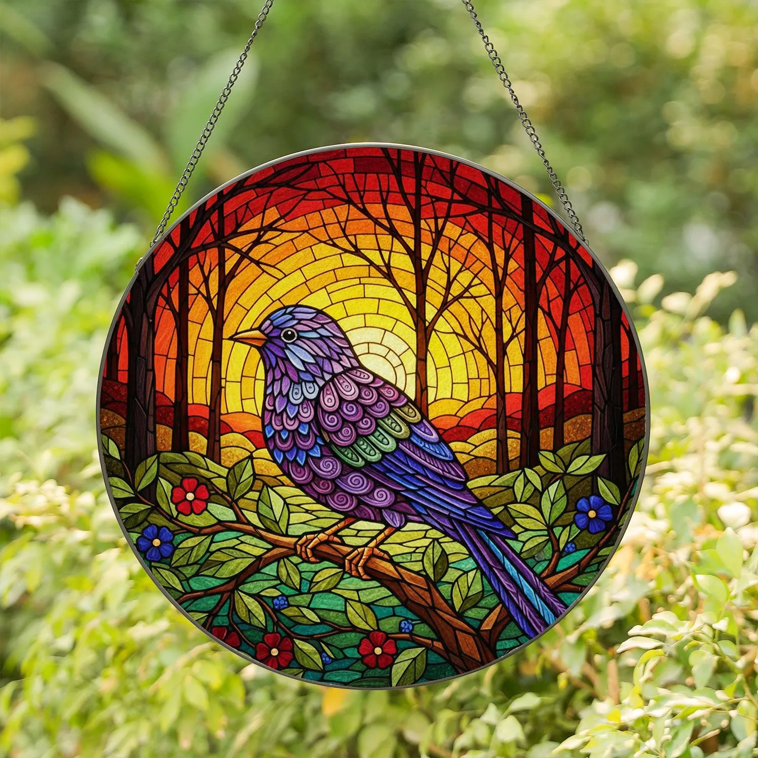 Stained Glass Songbird Autumn Sunset - Wildlife Lover Home Decor Gift Stained Glass Suncatcher - 1