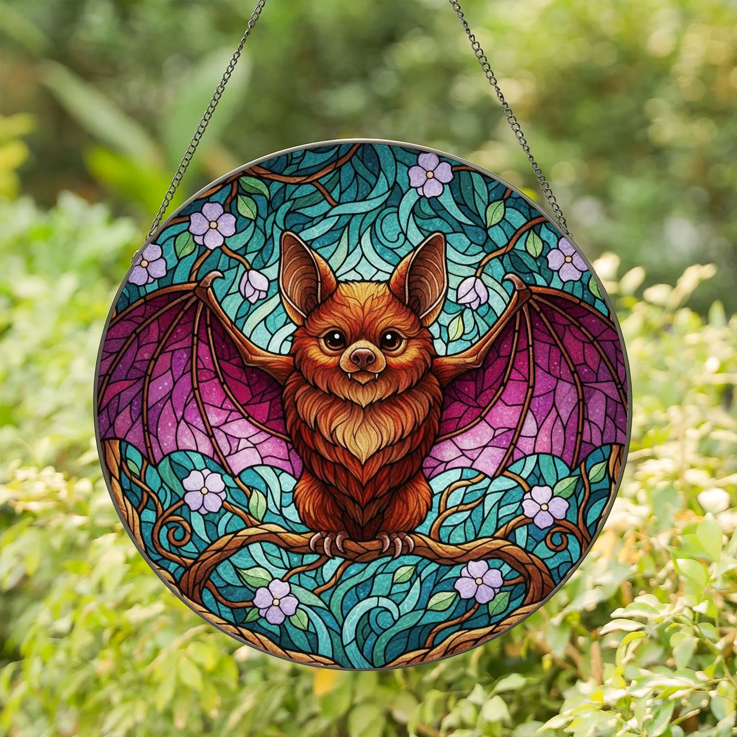Fluffy Brown Bat Blossom Tree Branch Foliage - Wildlife Home Decor Gift for Bat Lover Stained Glass Suncatcher - 1