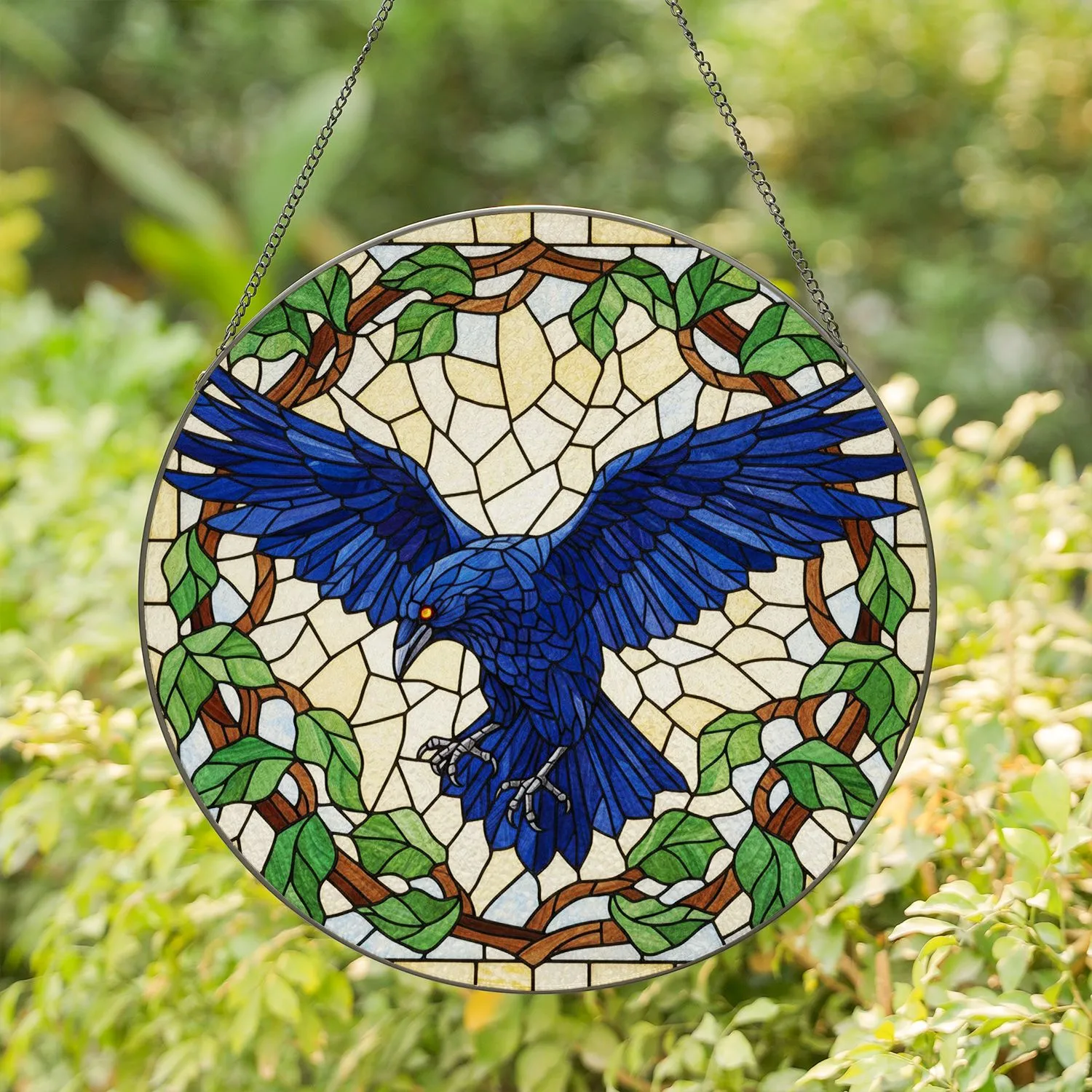 Dark Blue Crow Raven Bird Spreading Wings Orange Eyes - Wildlife Lover Home Decor Gift Stained Glass Suncatcher - 1