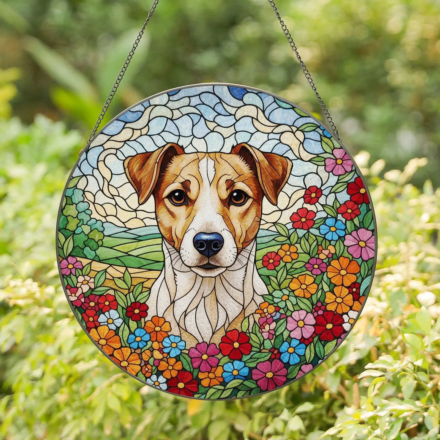 Jack Russell Terrier Dog Stained Glass Flowers Garden Home Decor Gift for Dog Lover Stained Glass Suncatcher - 1