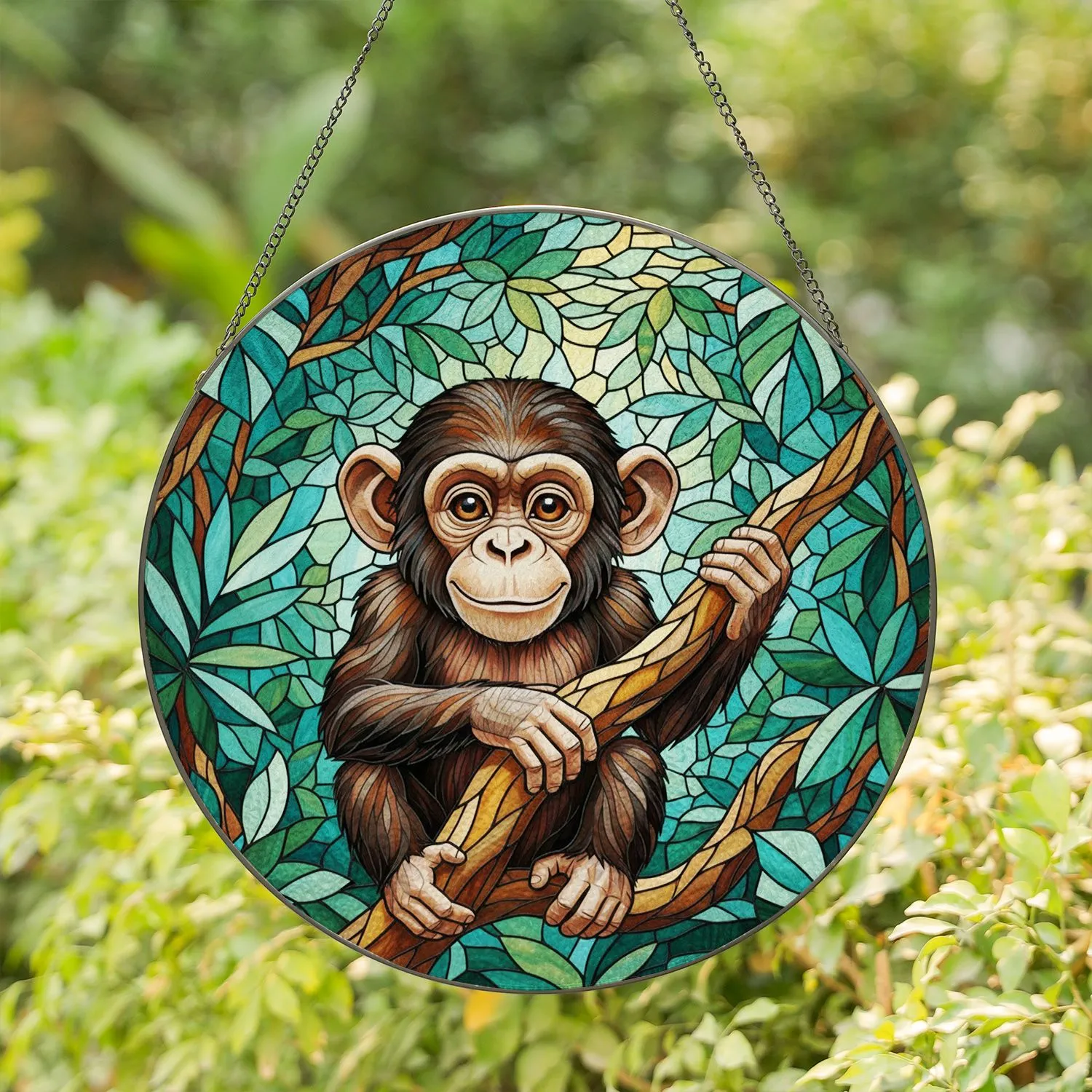 Baby Chimpanzee Tropical Jungle - Wildlife Lover Home Decor Gift Stained Glass Suncatcher - 1