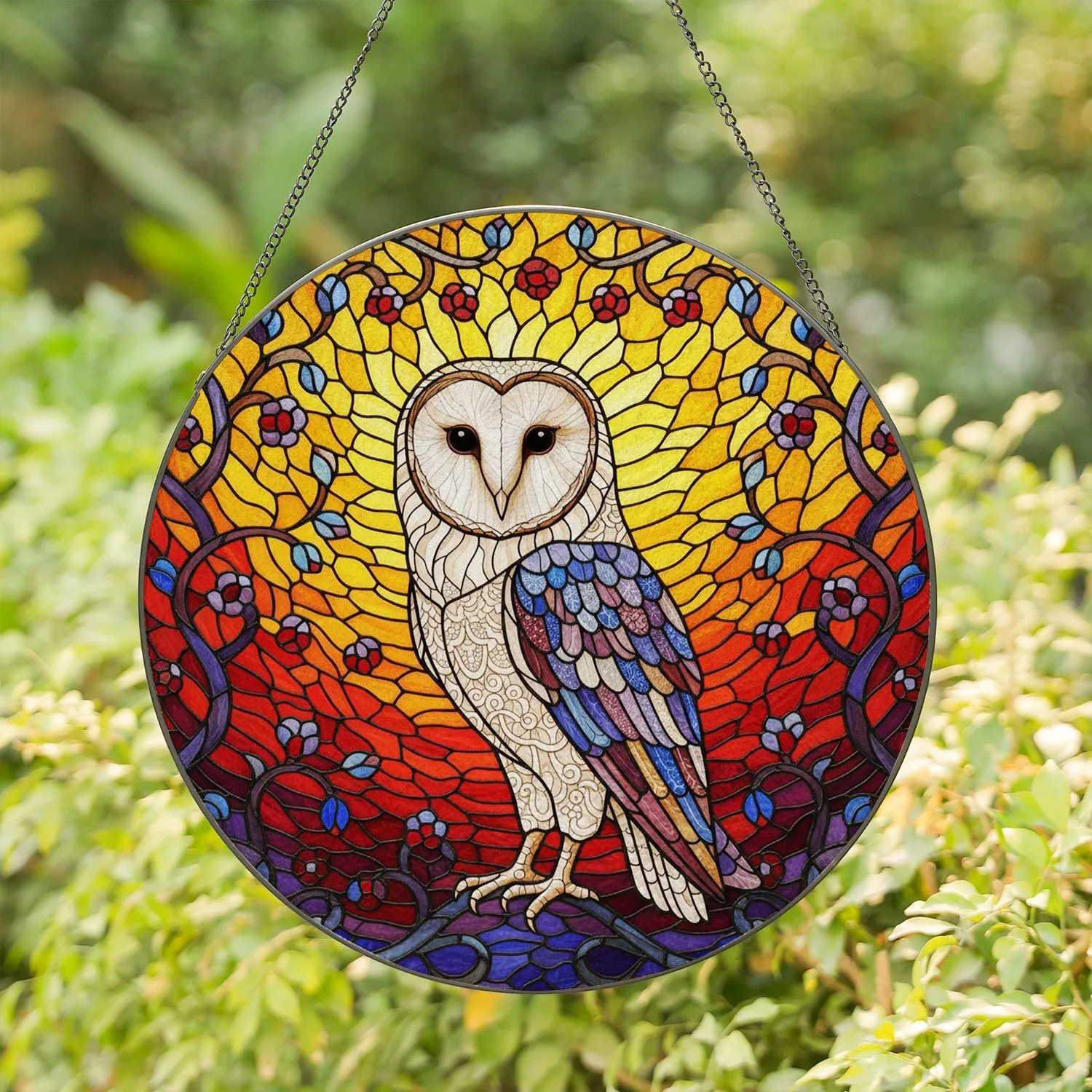 Glowing Translucent Barn Owl Stained Glass Mosaic Sunset Vines - Home Decor Gift for Owl Lover Stained Glass Suncatcher - 1