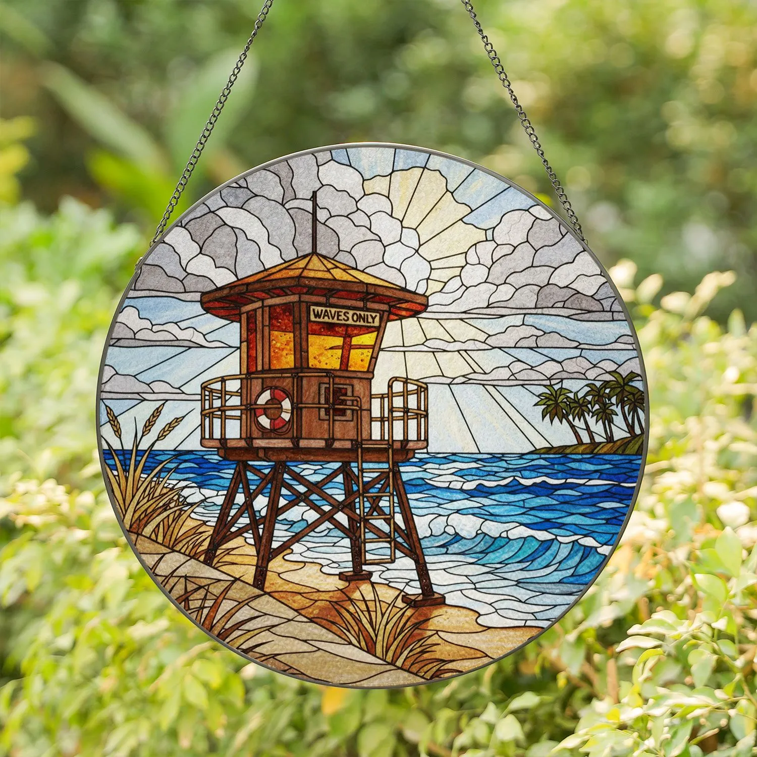 Lifeguard Tower Ocean Waves Beach Grass - Coastal Home Decor Gift for Ocean Lover Stained Glass Suncatcher - 1