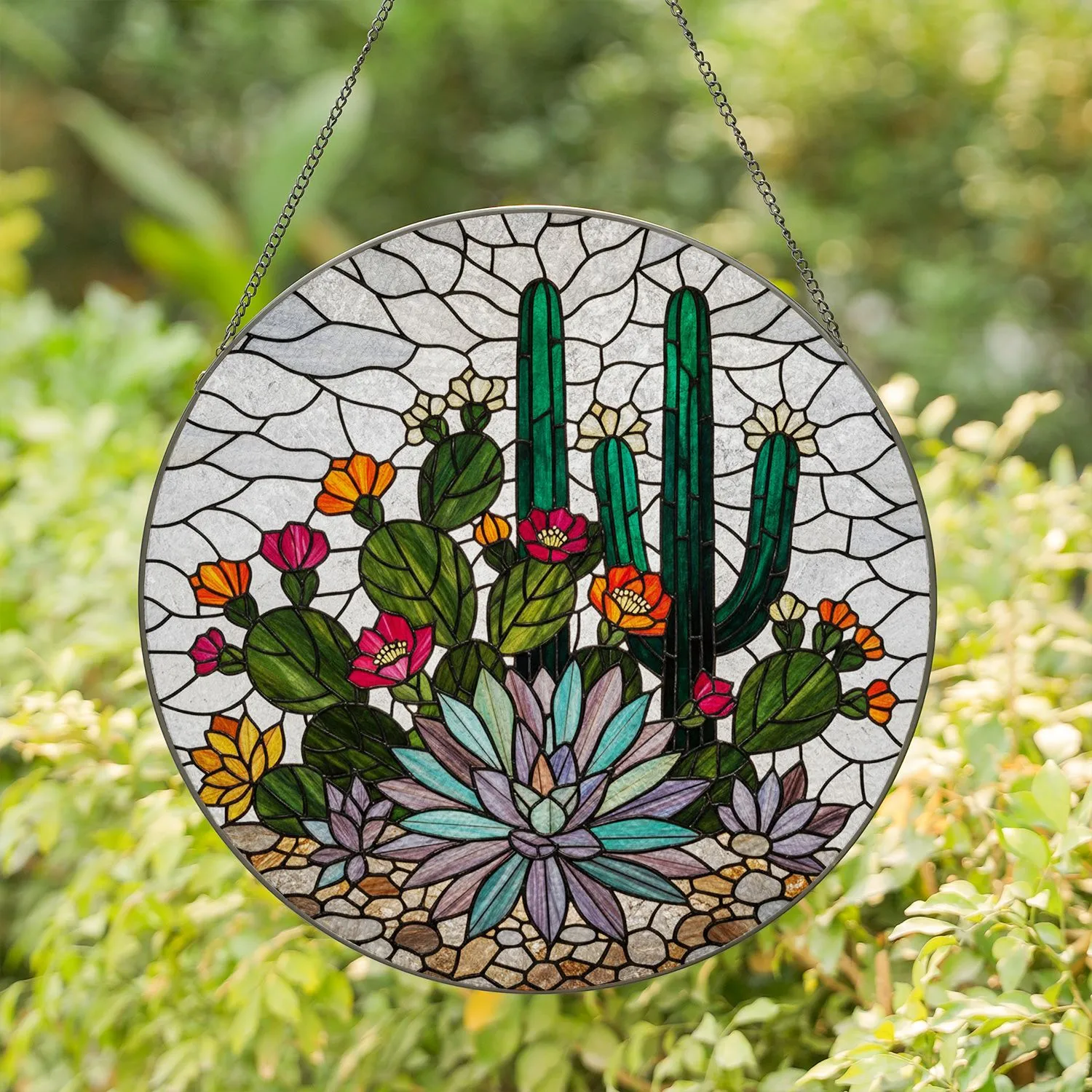 Prickly Pear Cacti Succulents Rocks Tiffany Style - Home Decor Gift Stained Glass Suncatcher - 1