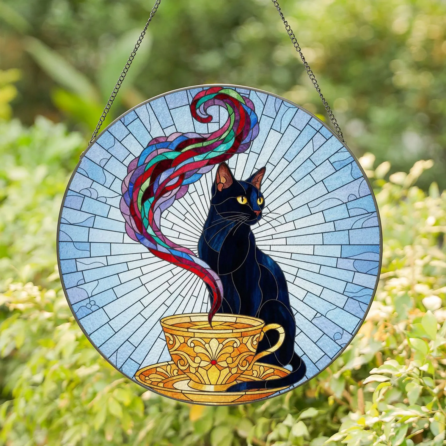 Black Cat Golden Teacup Light Blue Swirl Mosaic - Window Home Decor Gift for Cat Lovers Stained Glass Suncatcher - 1